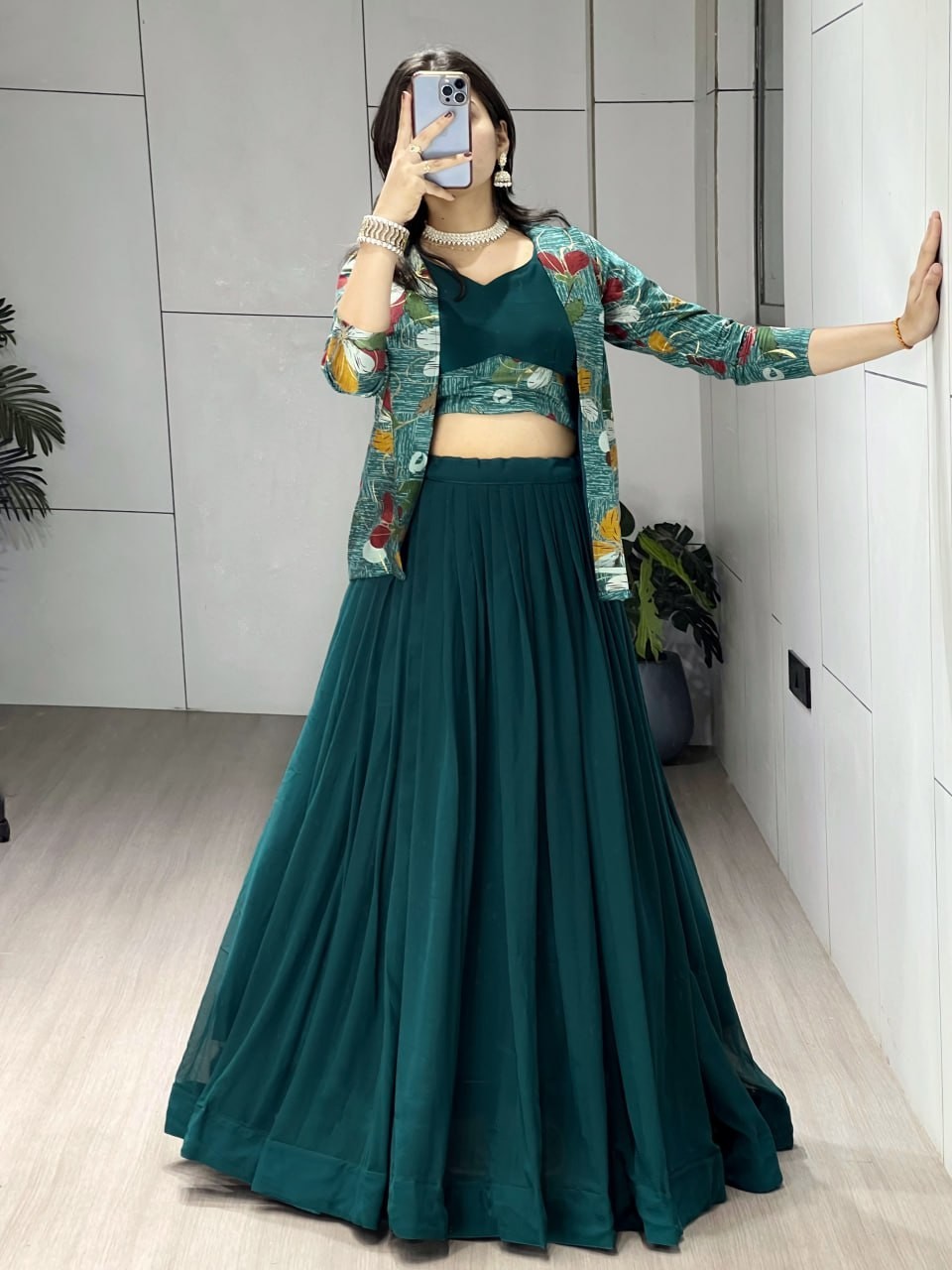 Premium Georgette Lehenga Choli With Chanderi Koti Jacket Party Wear