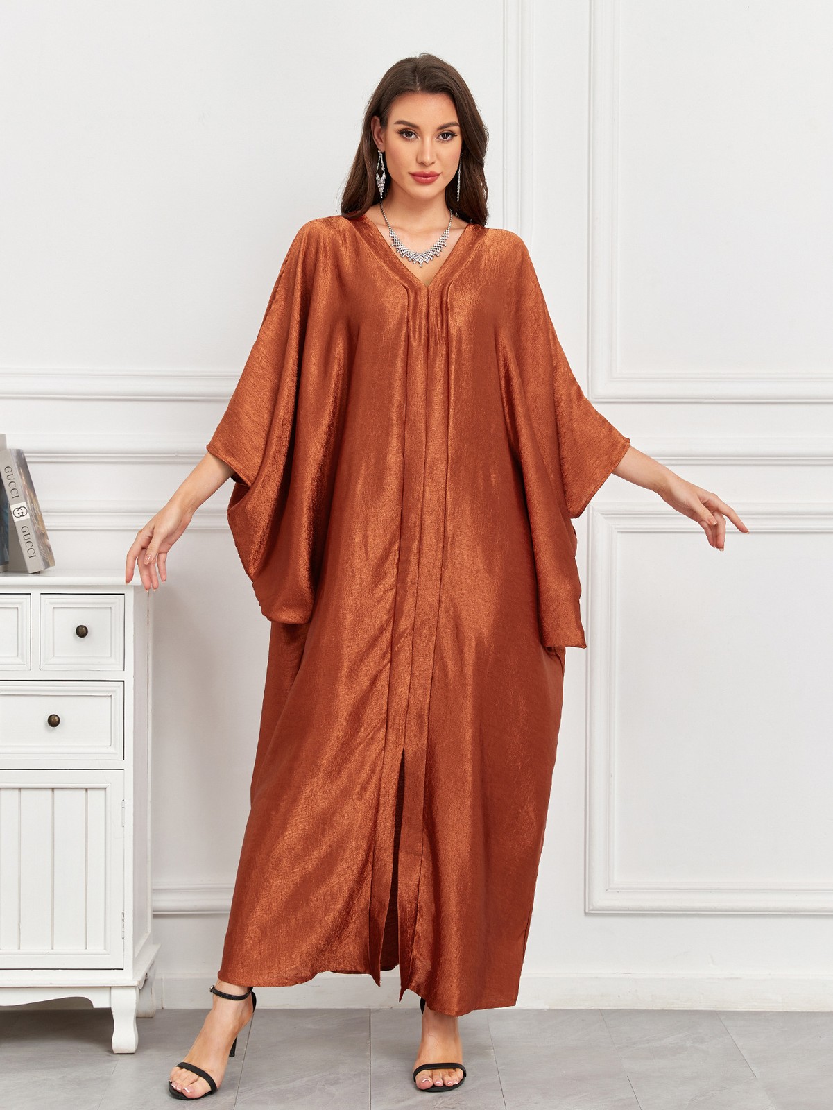 Women Batwing Sleeves Abaya Muslim Loose Solid Color Ramadan Beach Travel Robes