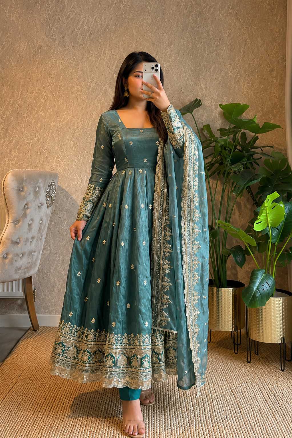 Teal Blue Fendy Silk Designer Ready Made Heavy Embroidery Anarkali Suit Dress L