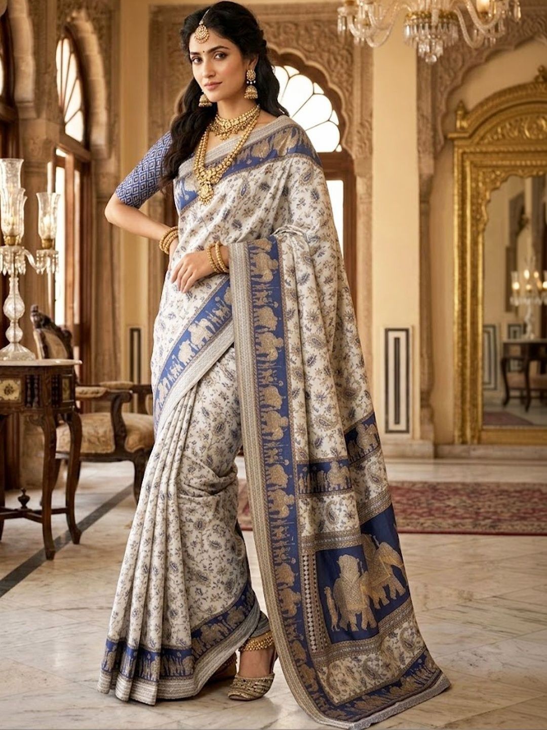 Handloom Chanderi Paisley Printed Saree Embroidered Border Ethnic Party Wear