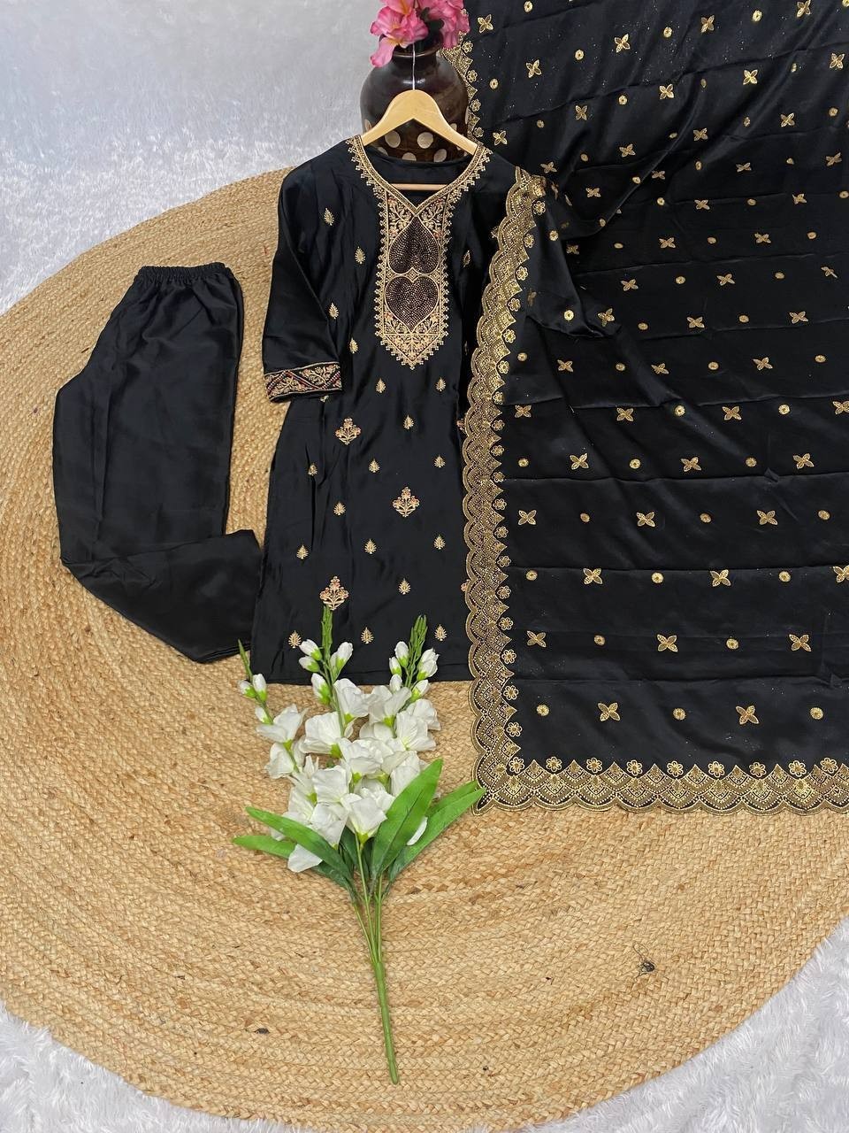 Presenting New Malay Satin Silk Black Salwar Kameez With Dupatta For Wedding