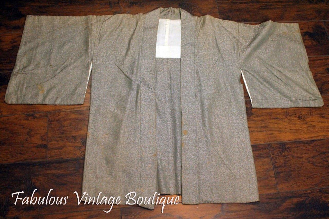 Vintage 50s Gray-Beige Brocade Dress Coat Yukata Kimono Japanese Robe Jacket