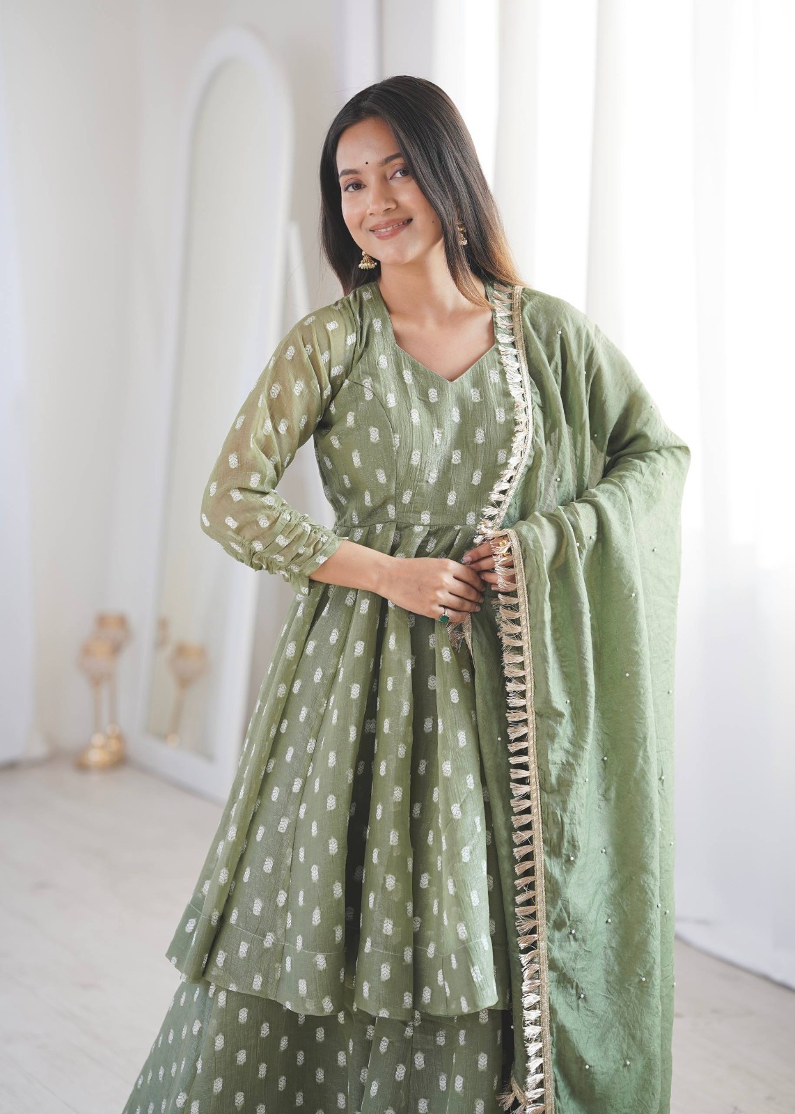 Stylish Heavy Crunchy Silk Green Top Palazzo With Dupatta For Wedding Wear