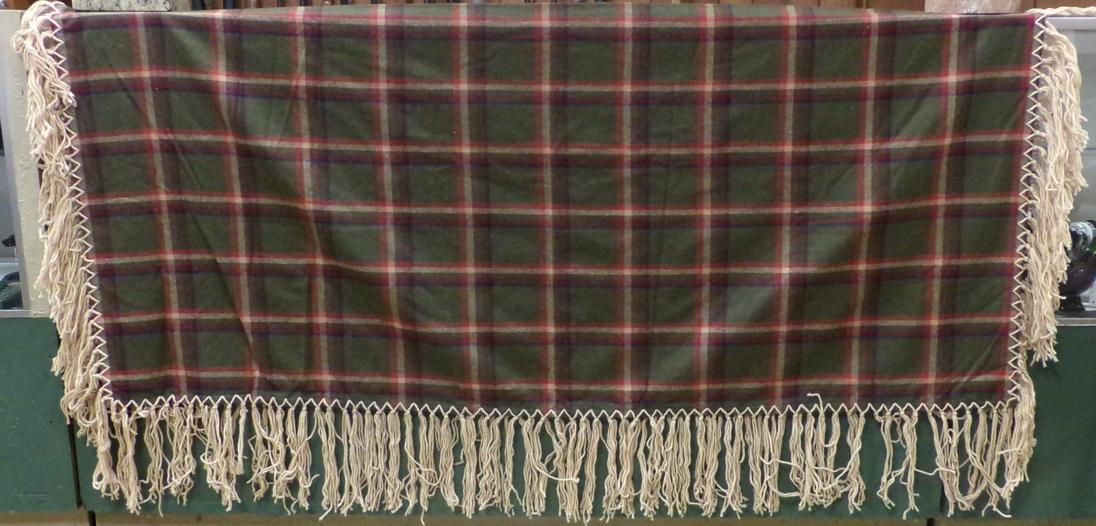 Native American Womens Shawl Army Green Red Plaid Wool Yarn Fringe 54″ x 62″