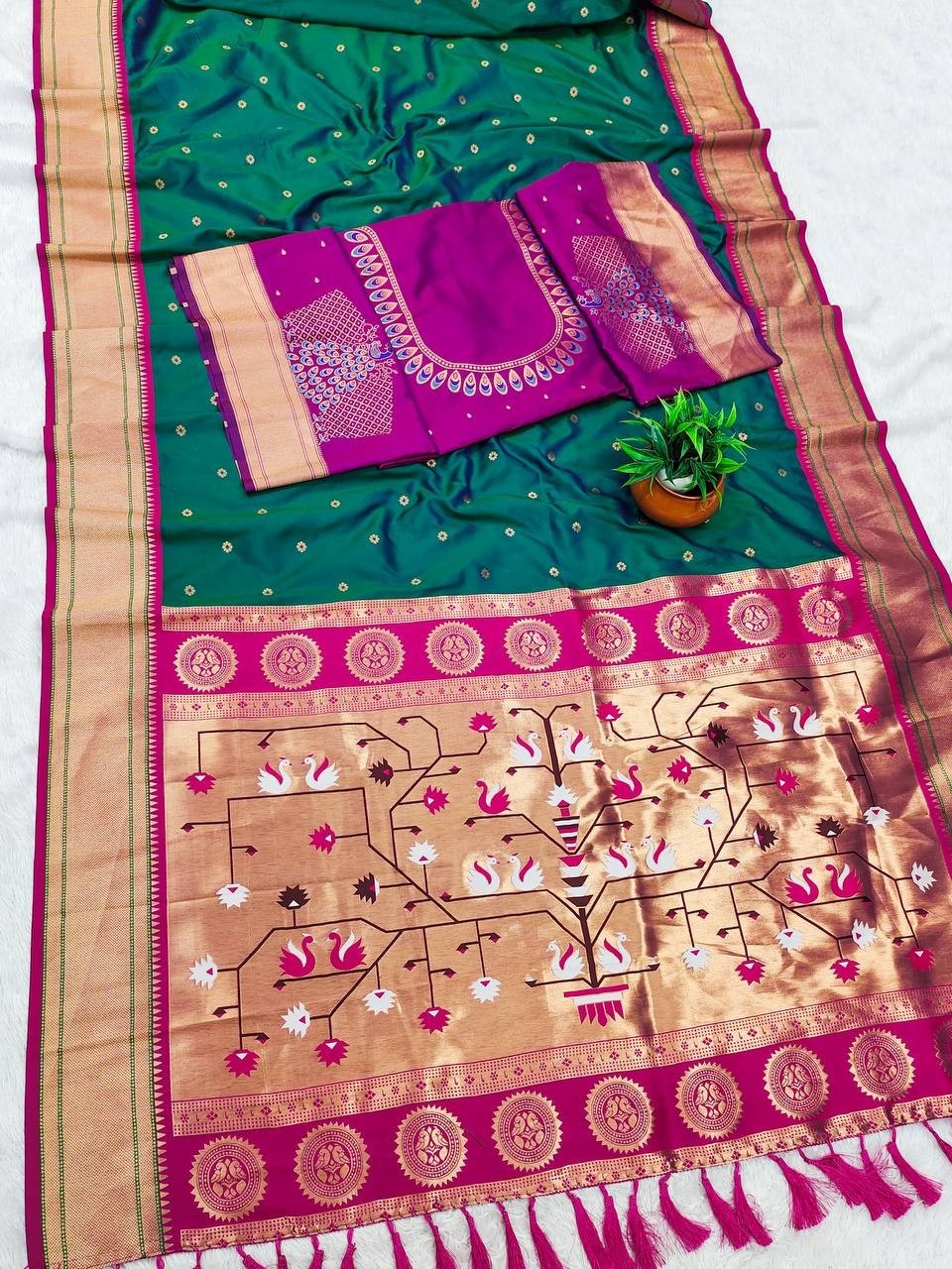 Heavy Paithani Silk Saree With Handwoven Peacock & Floral Motifs Designer Bridal