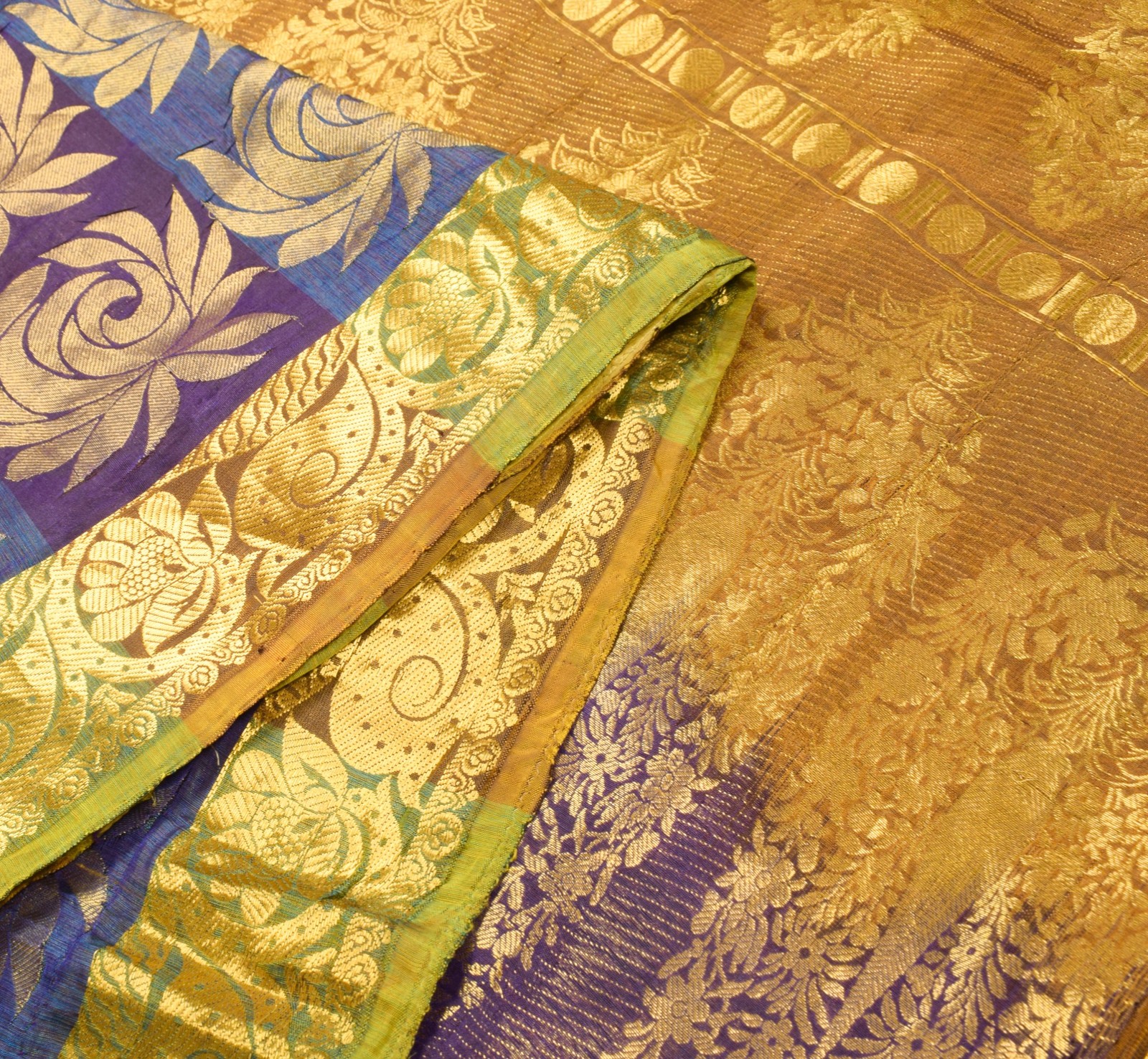 Sushila Vintage Pure Silk Sari Dark Purple Gold Floral Brocade Kanjivaram Saree