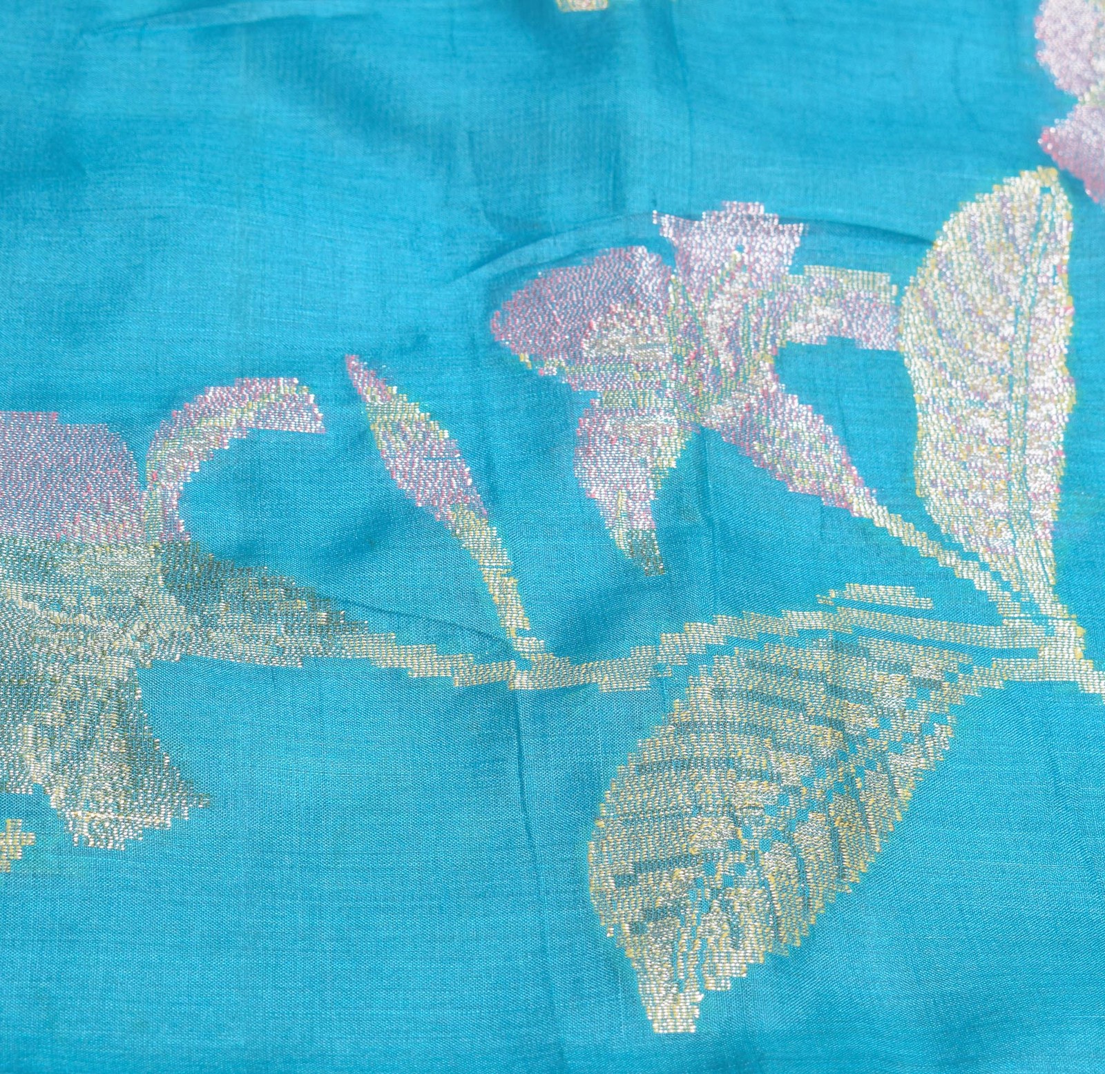 Sushila Vintage Turquoise Blue Saree Pure Tussar Silk Woven Floral 5YD Sari Fabr