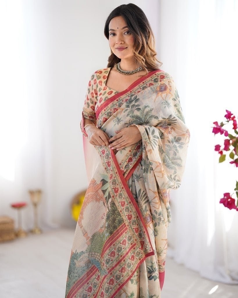 Women’s Linen Silk Saree Designer Party Wear Wedding Sari With Blouse