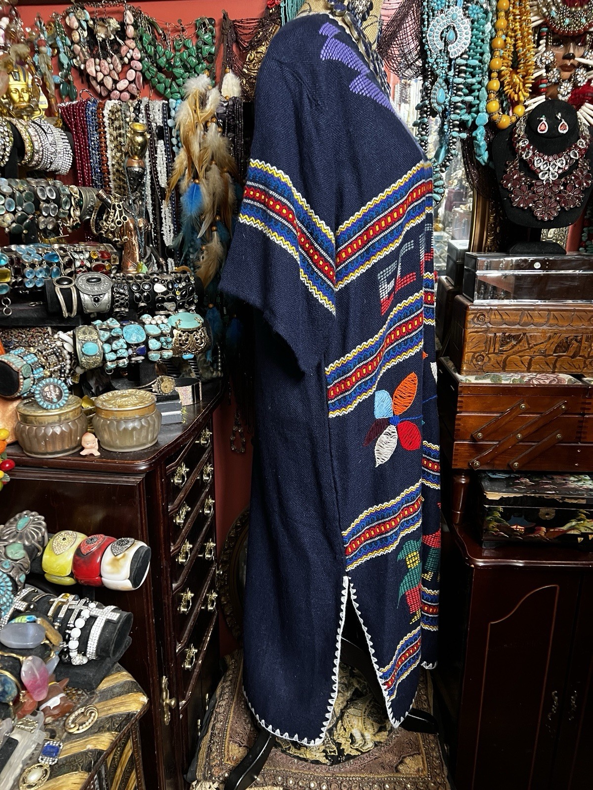 Beautiful Navy Blue Ecuadorian Multi Color Woven & Embroidered Aztec Dress Sz L