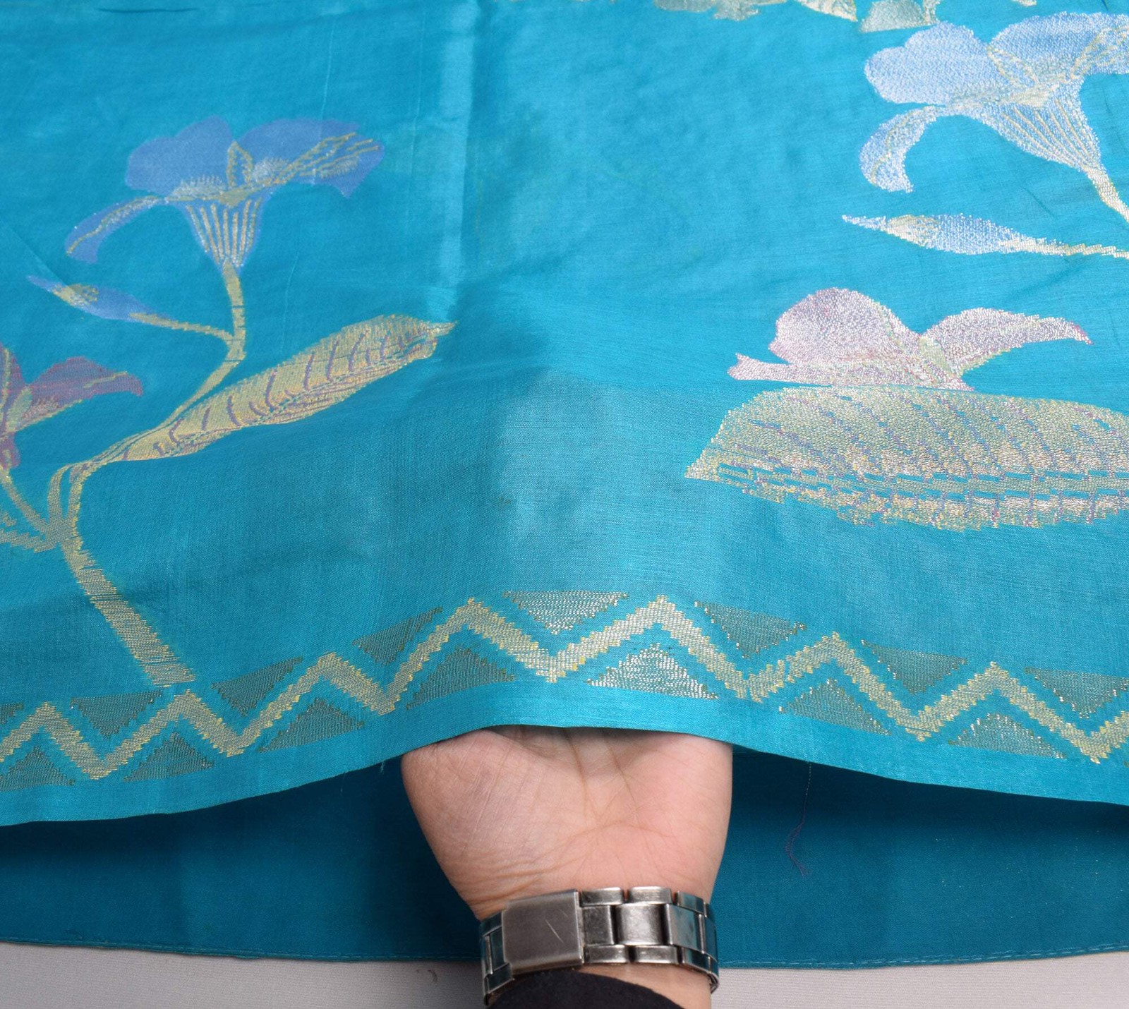 Sushila Vintage Turquoise Blue Saree Pure Tussar Silk Woven Floral 5YD Sari Fabr