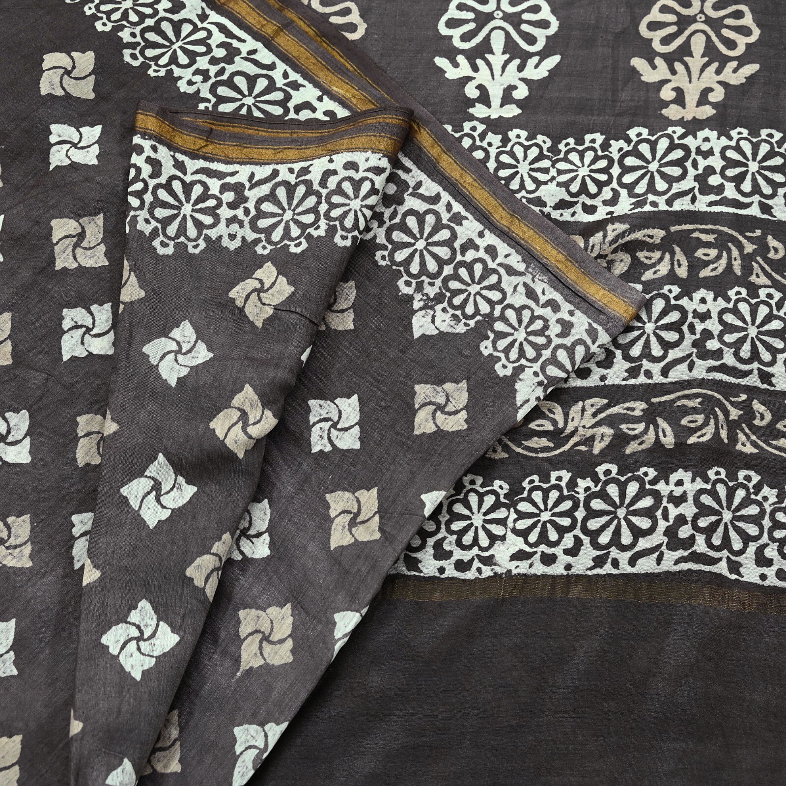 Indian Vintage Sari Brown & Ivory Pure chanderi Silk Block Printed Sarees Fabric