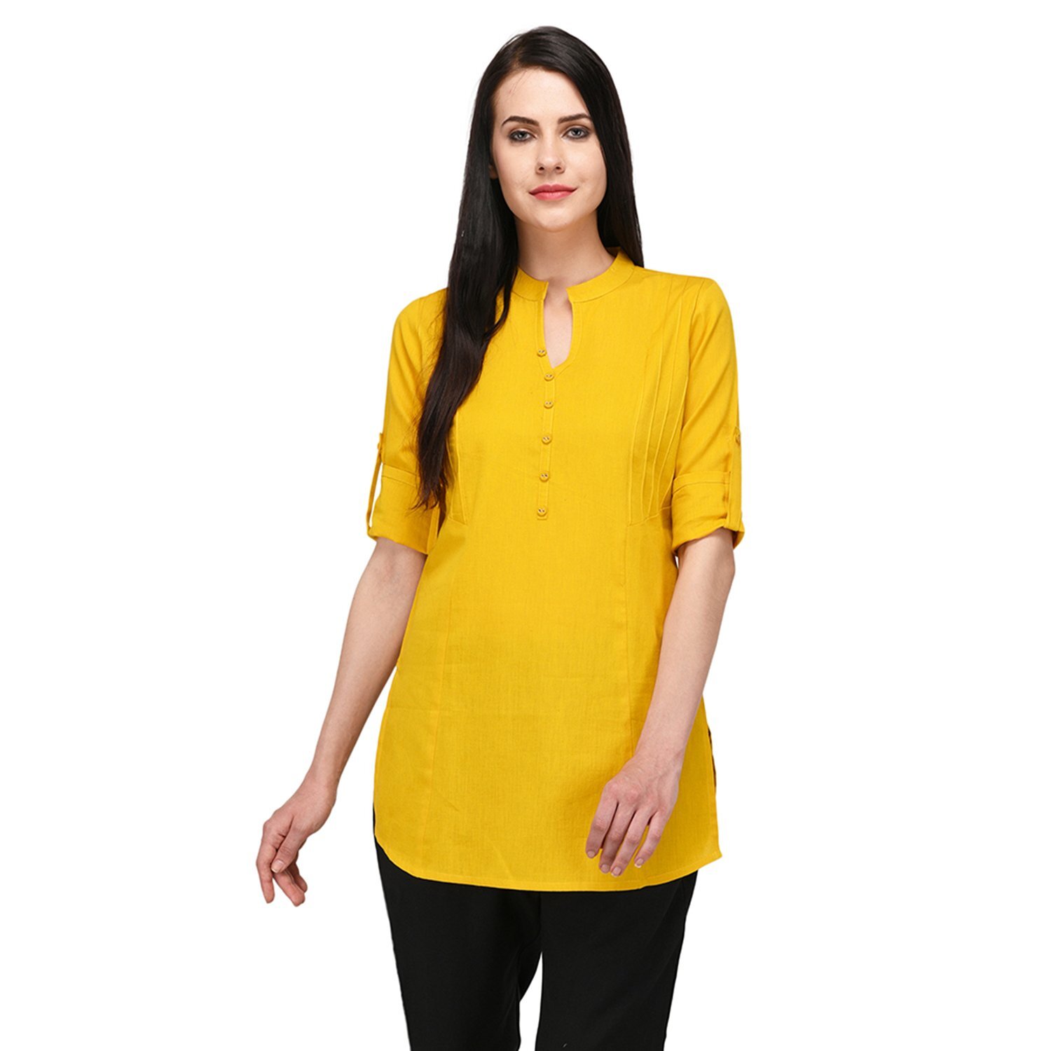 Cotton Kurta For Women Solid Red 3/4 Fold-up Sleeves Regular Kurti Dress