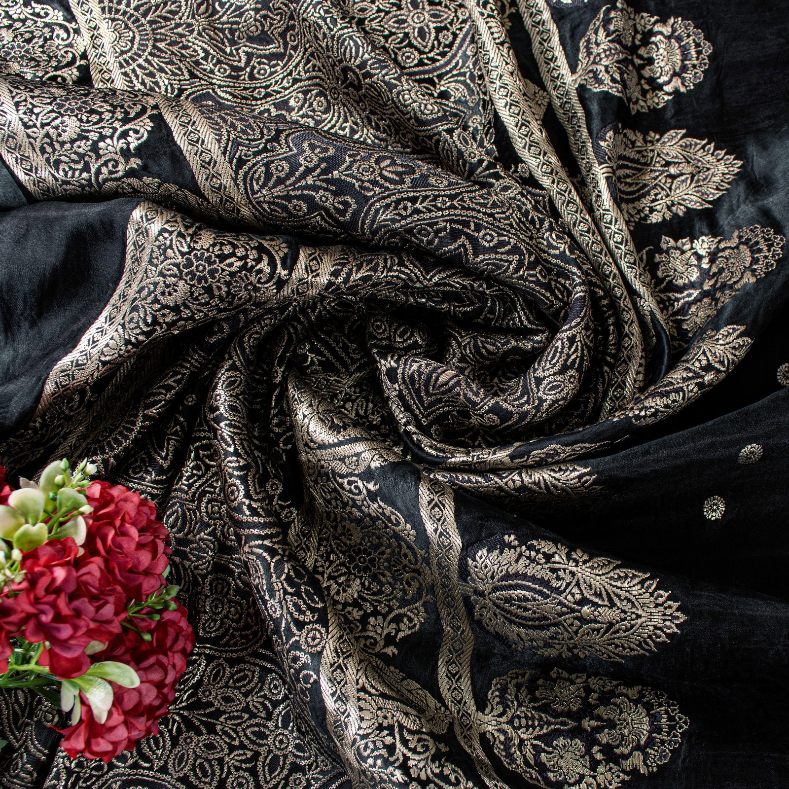 Sanskriti Vintage Black Pure Satin Sarees Banarasi Brocade Zari Handwoven 5+Yd