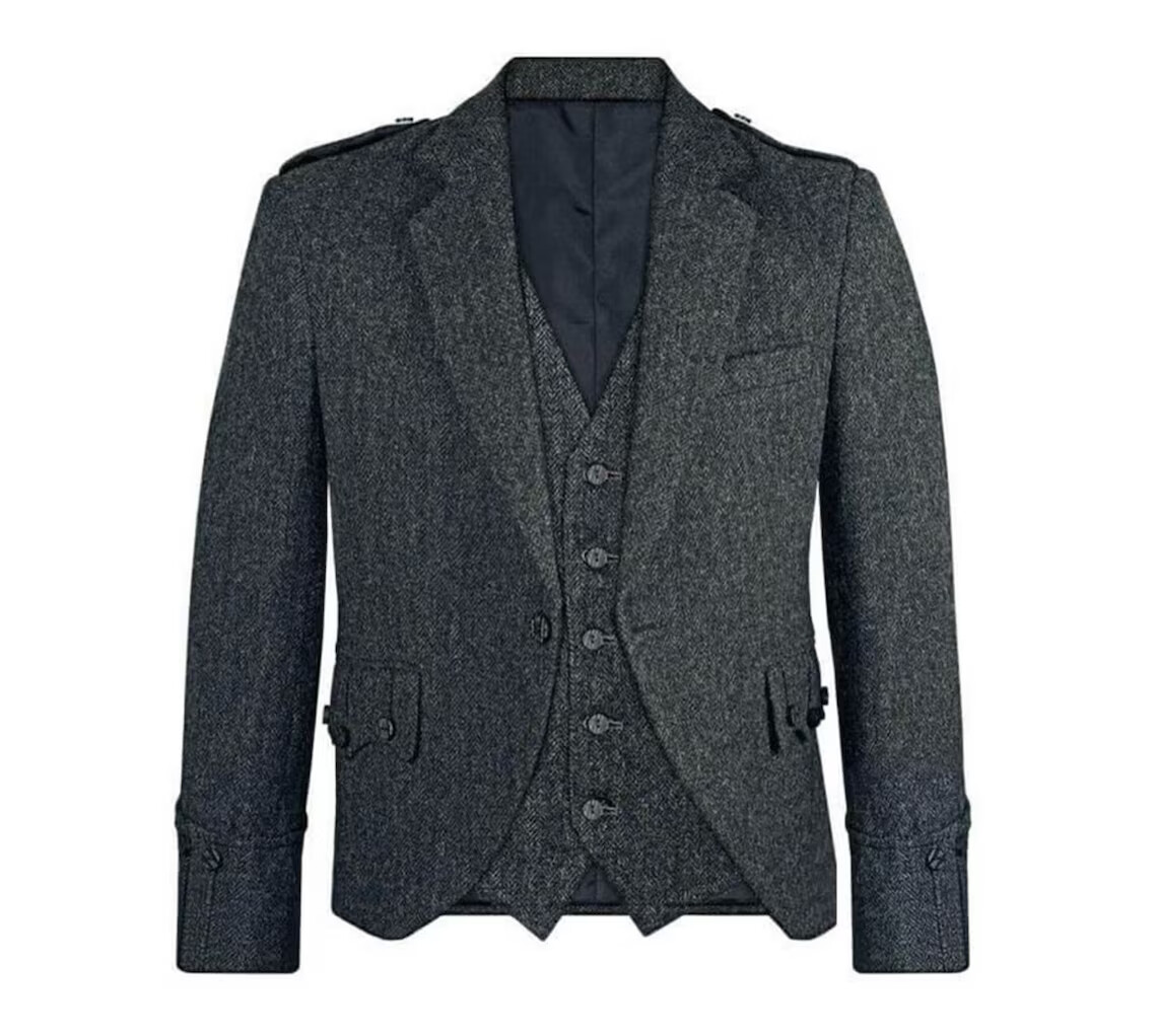 Scottish charcoal grey jacket tweed wool Argyle jacket kilt jacket
