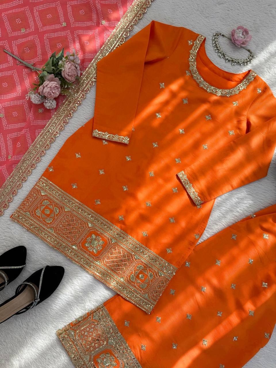 Latest Chinon Silk Orange Palazzo Suit With Dupatta For Indian Ethnic Wear