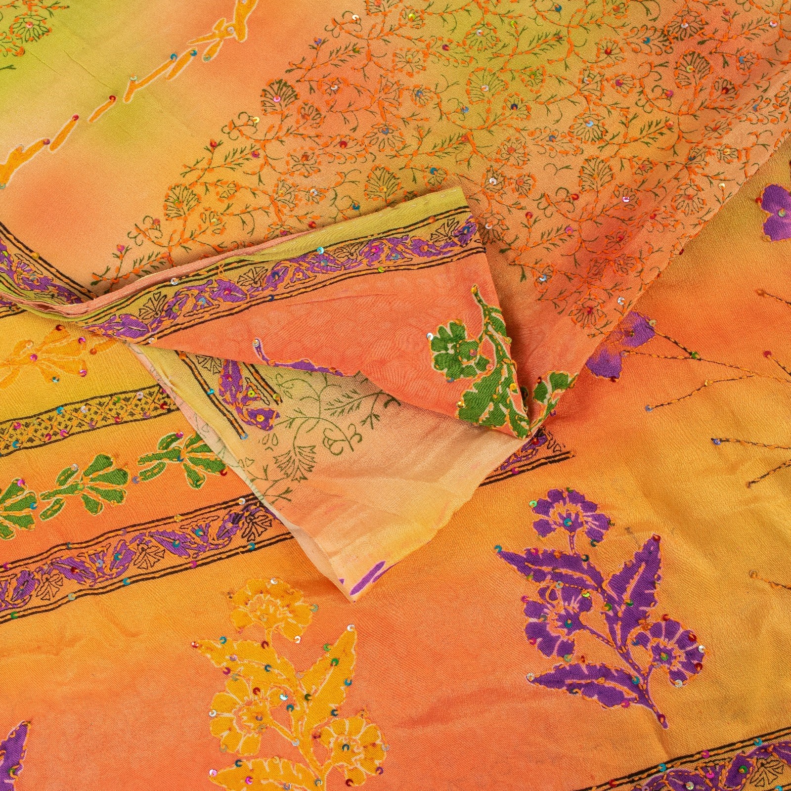 Sanskriti Vintage Saree Lemon Hand Embroidery Kantha Pure Crepe Print 5.5YD Sari