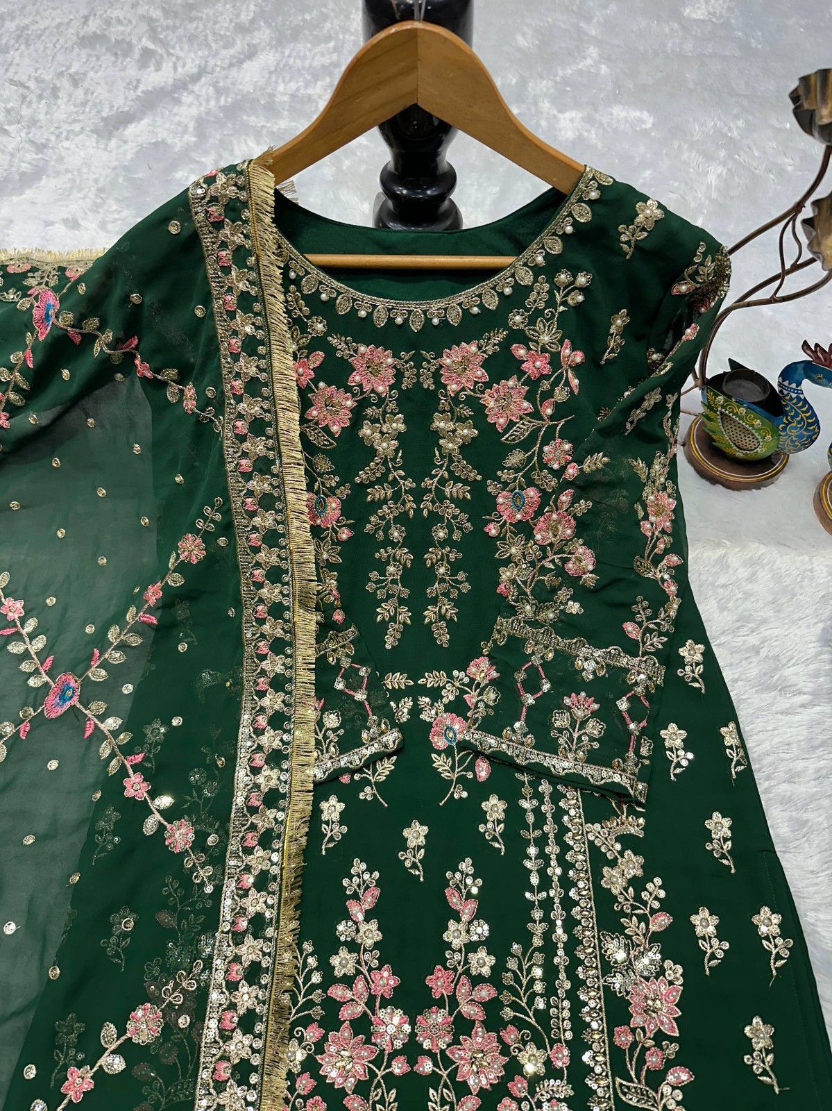 Stylish Heavy Faux Georgette Green Top Palazzo With Dupatta For Festival Wear