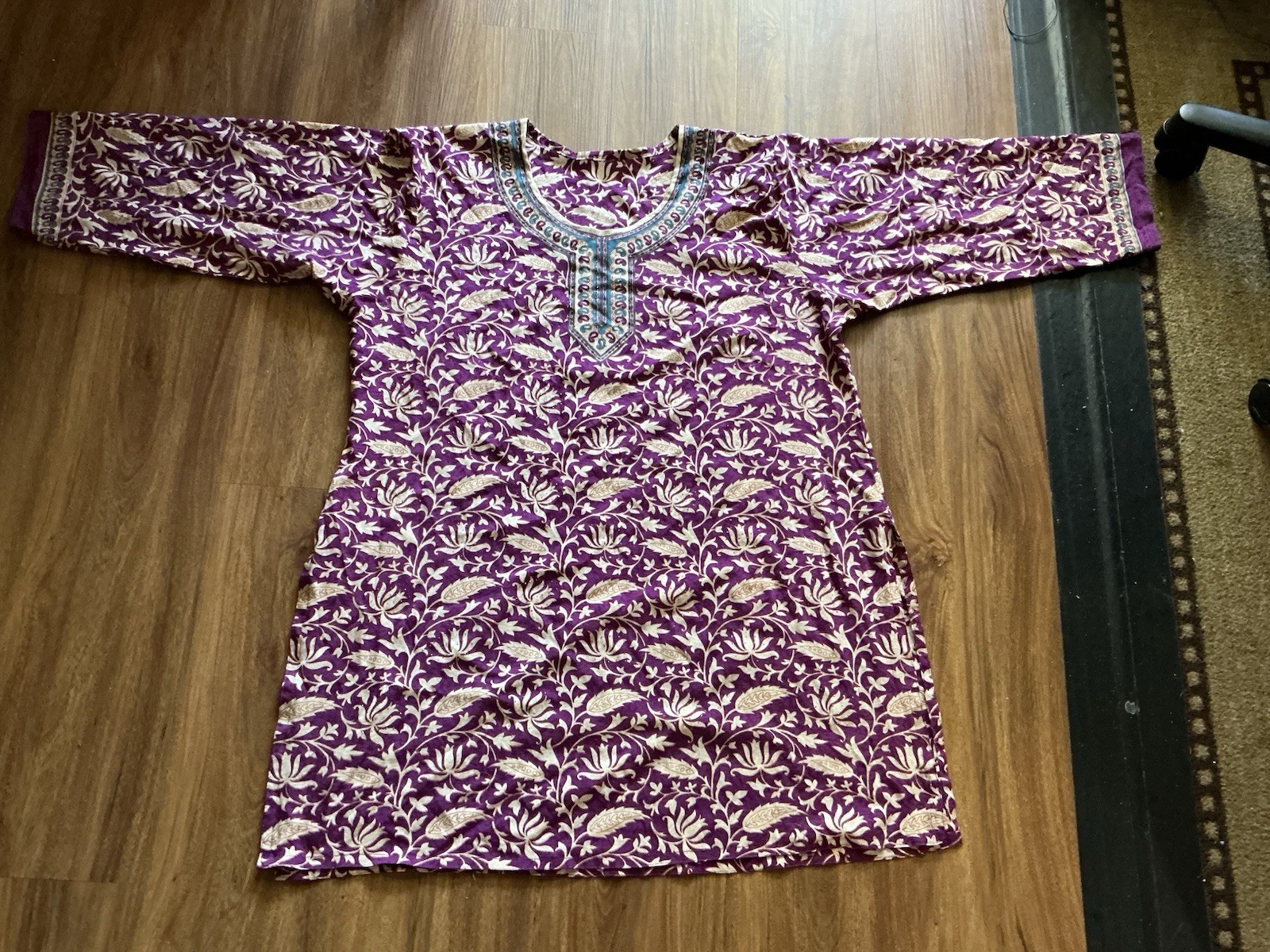 Polyester Crepe Flower Floral Purple Indian Kurta Kurti Top, 33” Long 46” Bust
