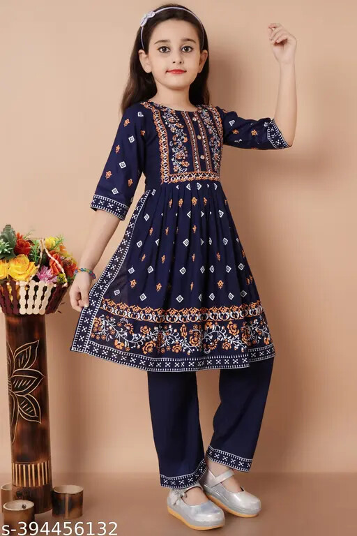 Indian Kids Traditional Girls Printed Kurta Set For Ethnic Wear & Festival