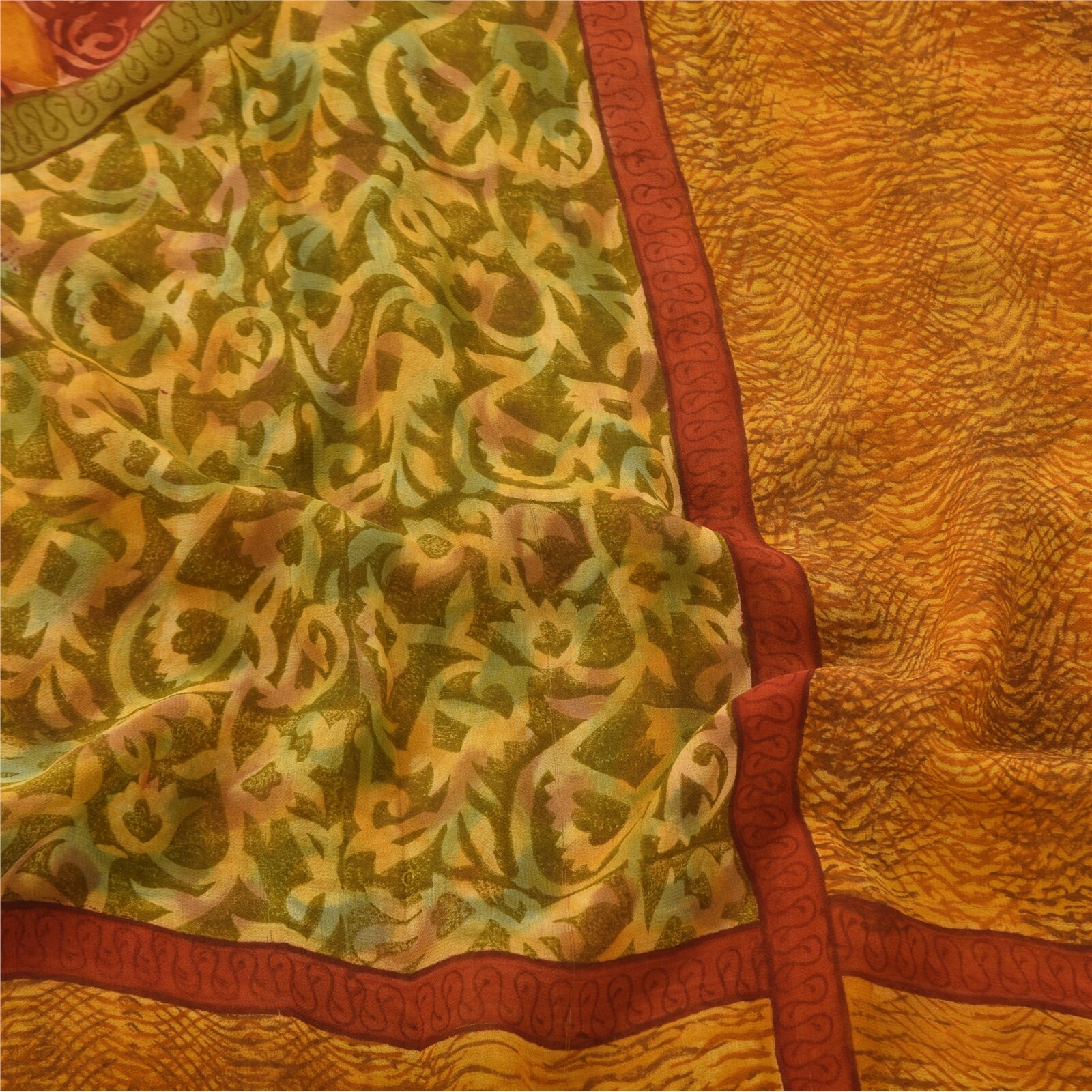 Sanskriti Vintage Sarees Saffron Pure Georgette Printed Sari 5+Yd Craft Fabric