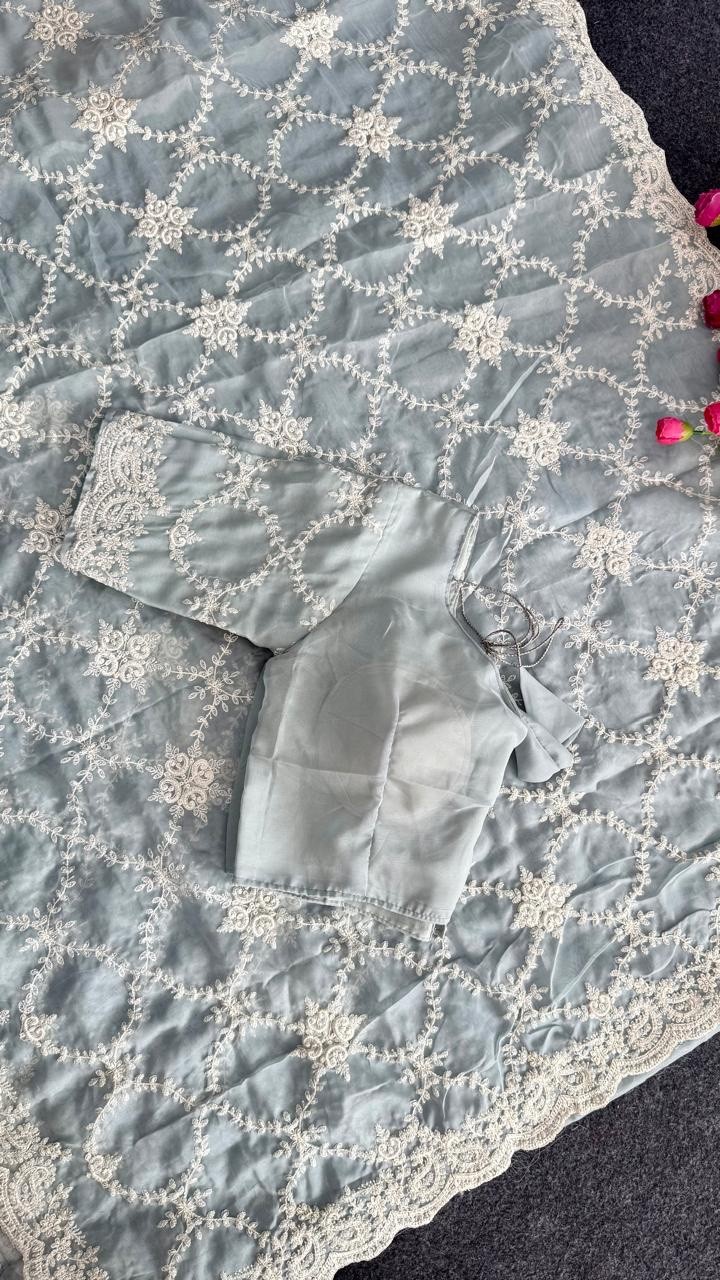 Exclusive soft organza saree with heavy with complete parsi work summer bliss