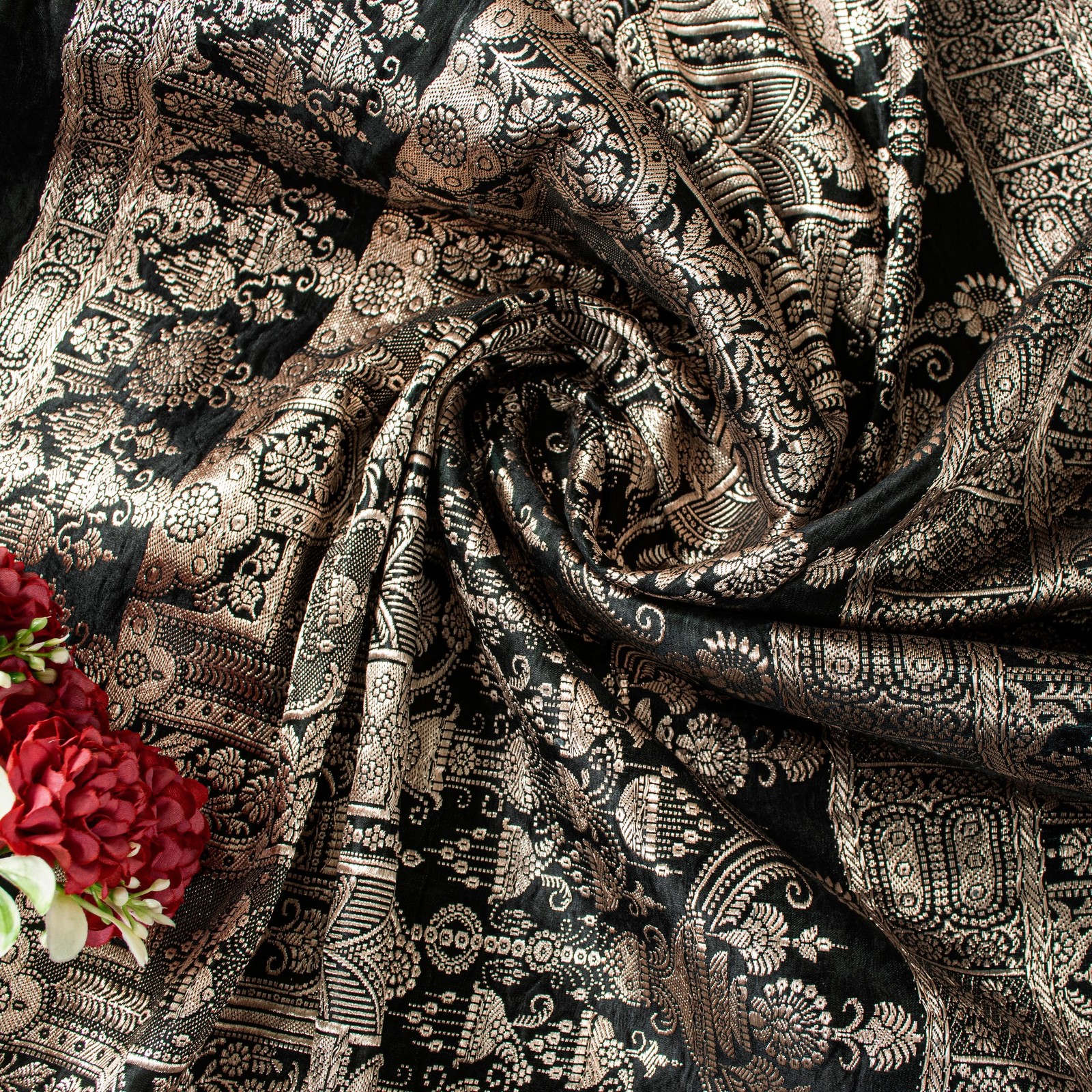 Sanskriti Vintage Black Pure Satin Sarees Banarasi Brocade Zari Hand-Woven 6+Yd