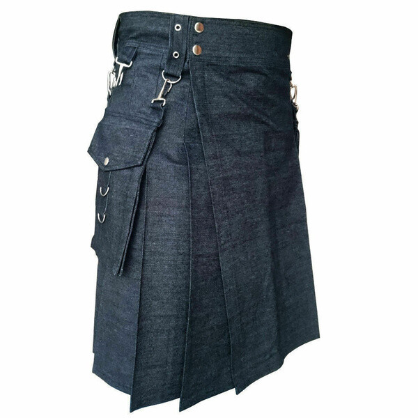 Men’s Black Plaid Denim Kilt Denim Men’s Utility Kilt (Size 28 “to 60”)
