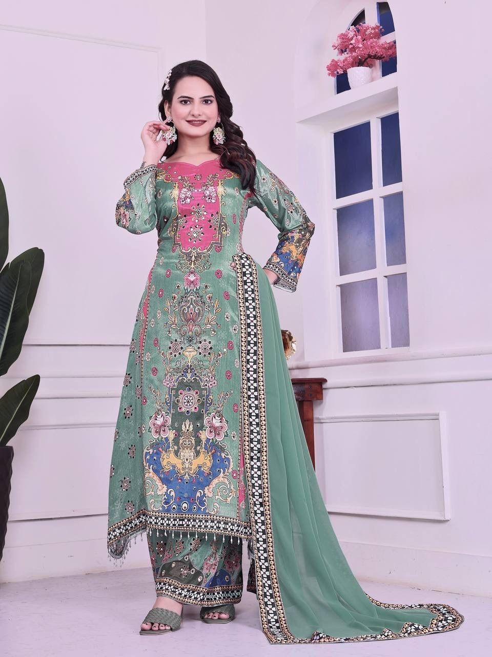 Pure Chinon Silk Salwar Kameez Indian Pakistani Party Wedding Wear Salwar Suit