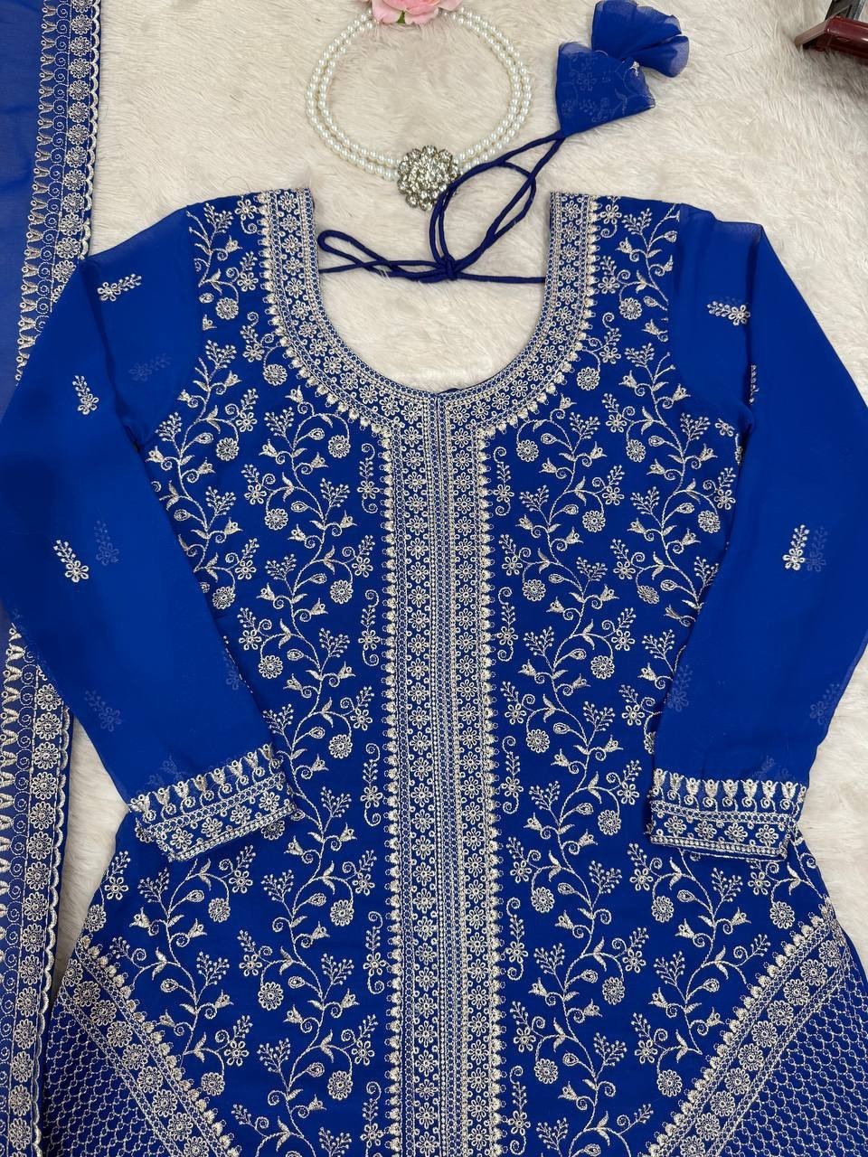 Fancy Designer Blue Faux Georgette Kurta Palazzo With Dupatta For Women
