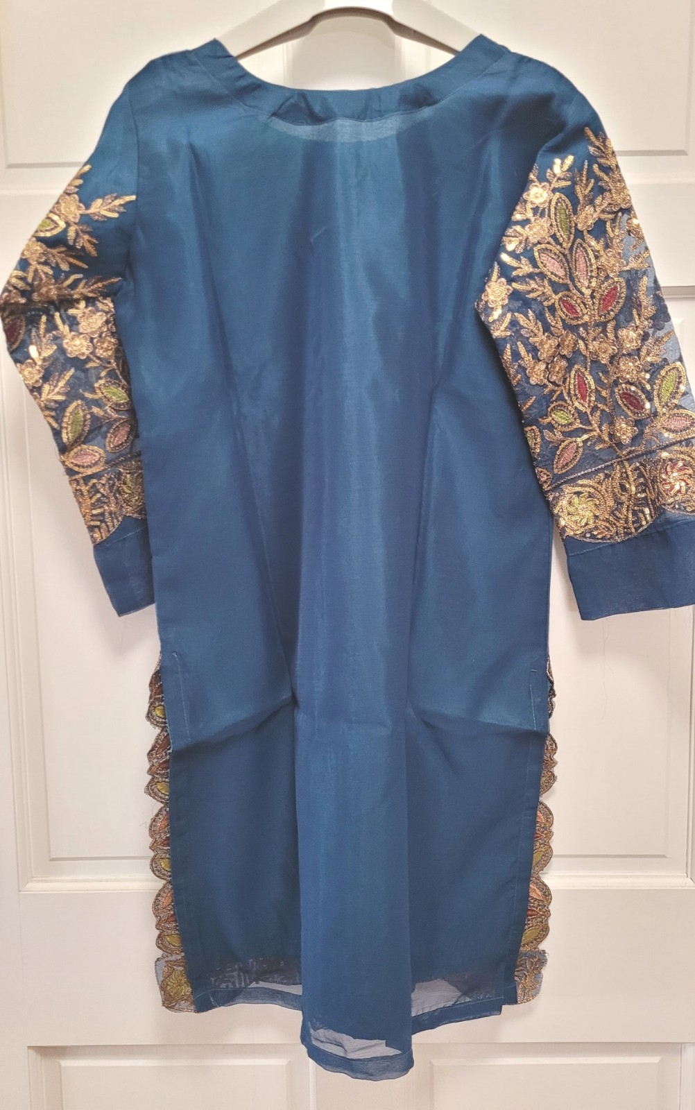 3pc Embroidered Sequin Silk Chiffon Salwar Kameez & Dupatta – Teal Blue – Medium
