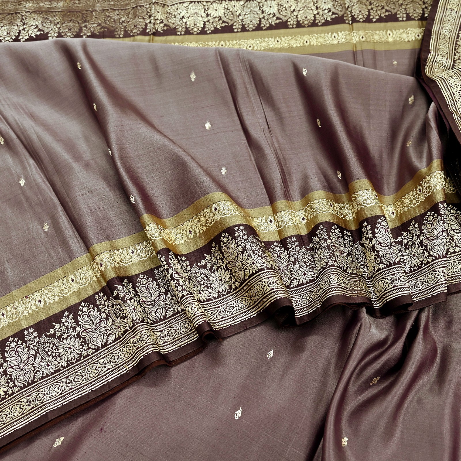 Vintage Sari Brown Heavy Pure Satin Silk Woven Banarasi Brocade Saree 5YD zari