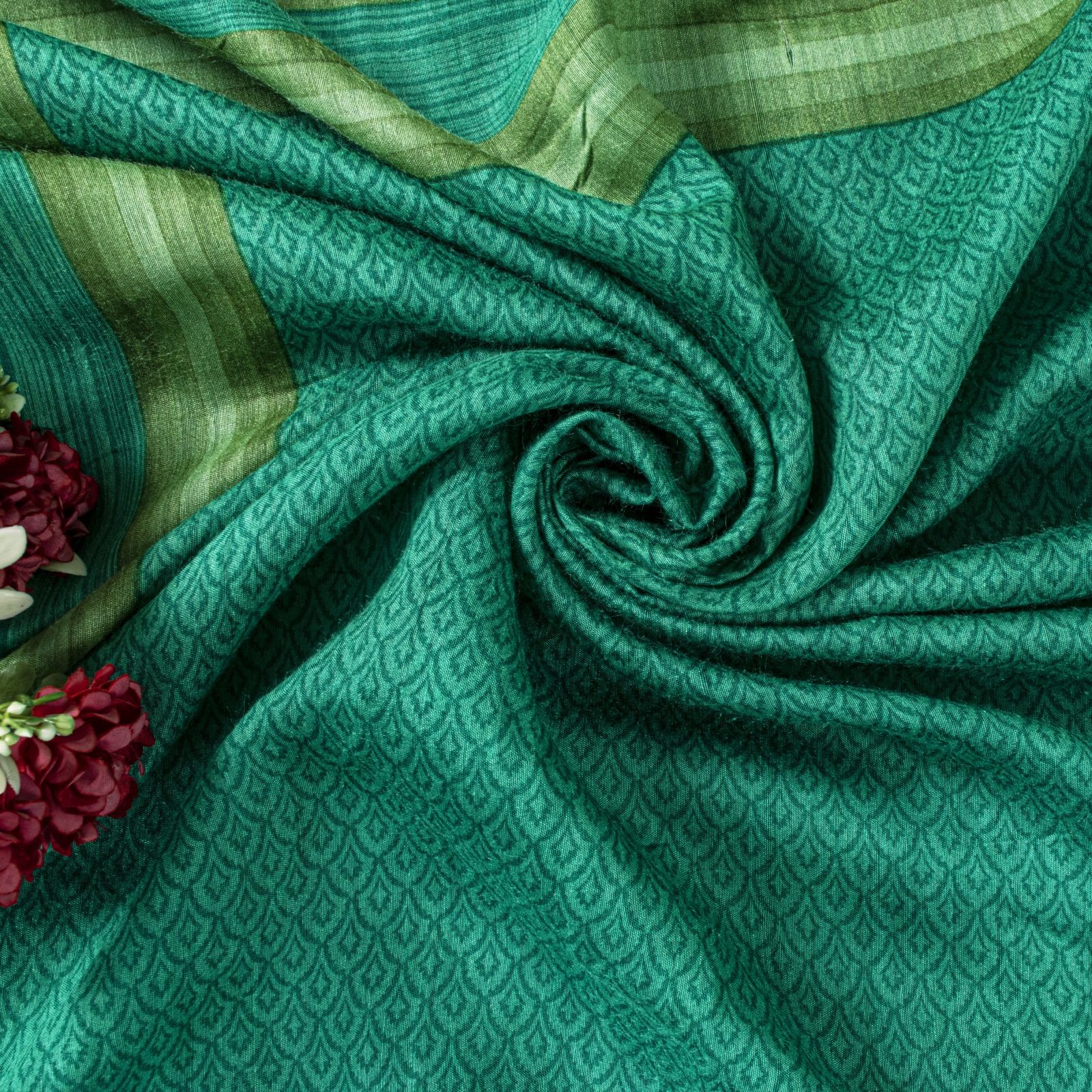 Sanskriti Vintage Saree Green Soft Pure Woolen Floral Printed Sari 5.5+Yd Fabric