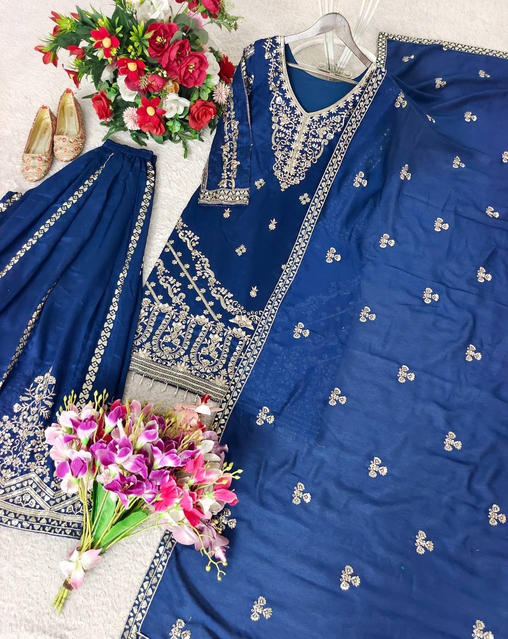 Unique Designer Pure Vichitra Silk Blue Top Palazzo With Dupatta For Reception
