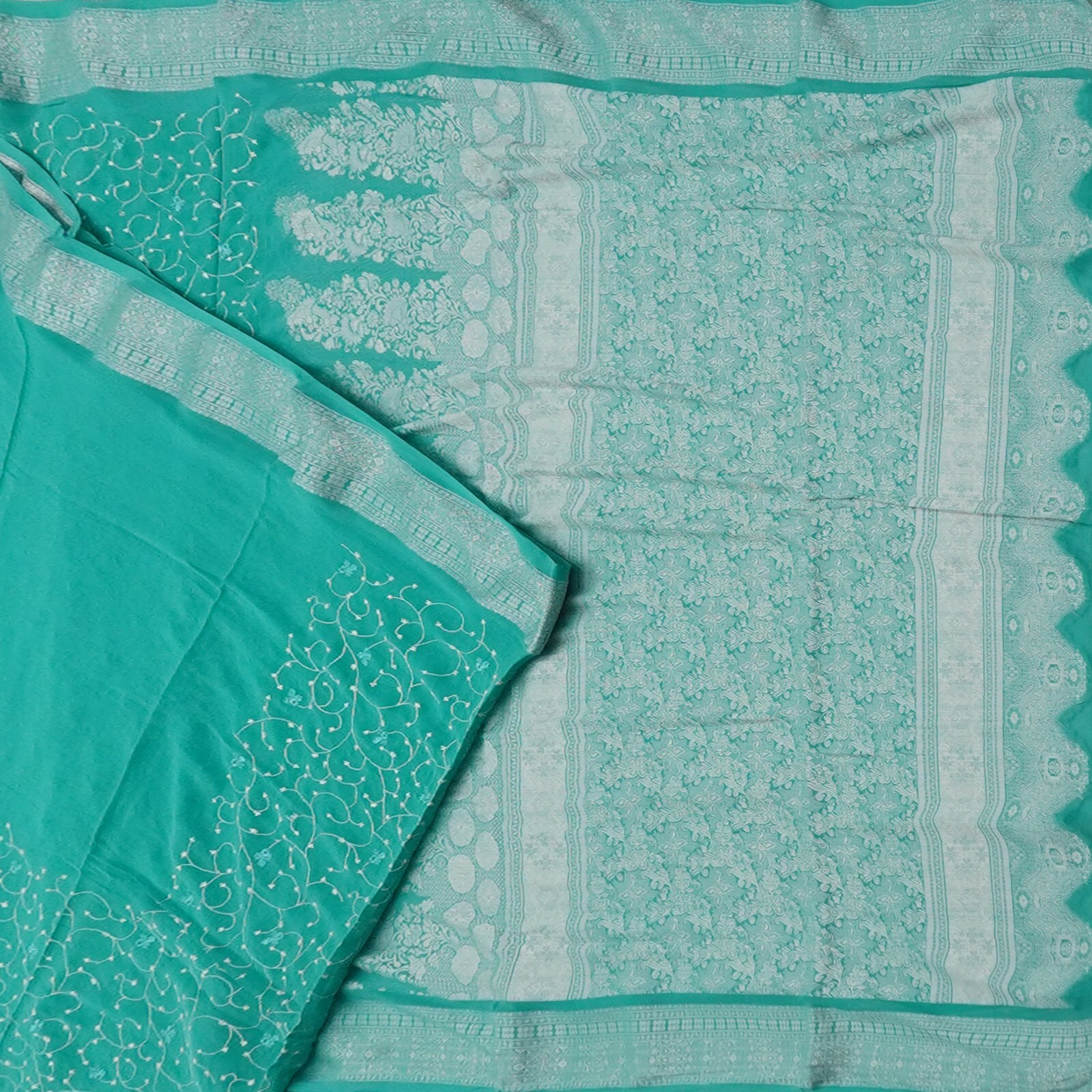 Vintage Teal Sarees 100% Pure Silk Georgette Woven Hand Embroidered Sari Fabric