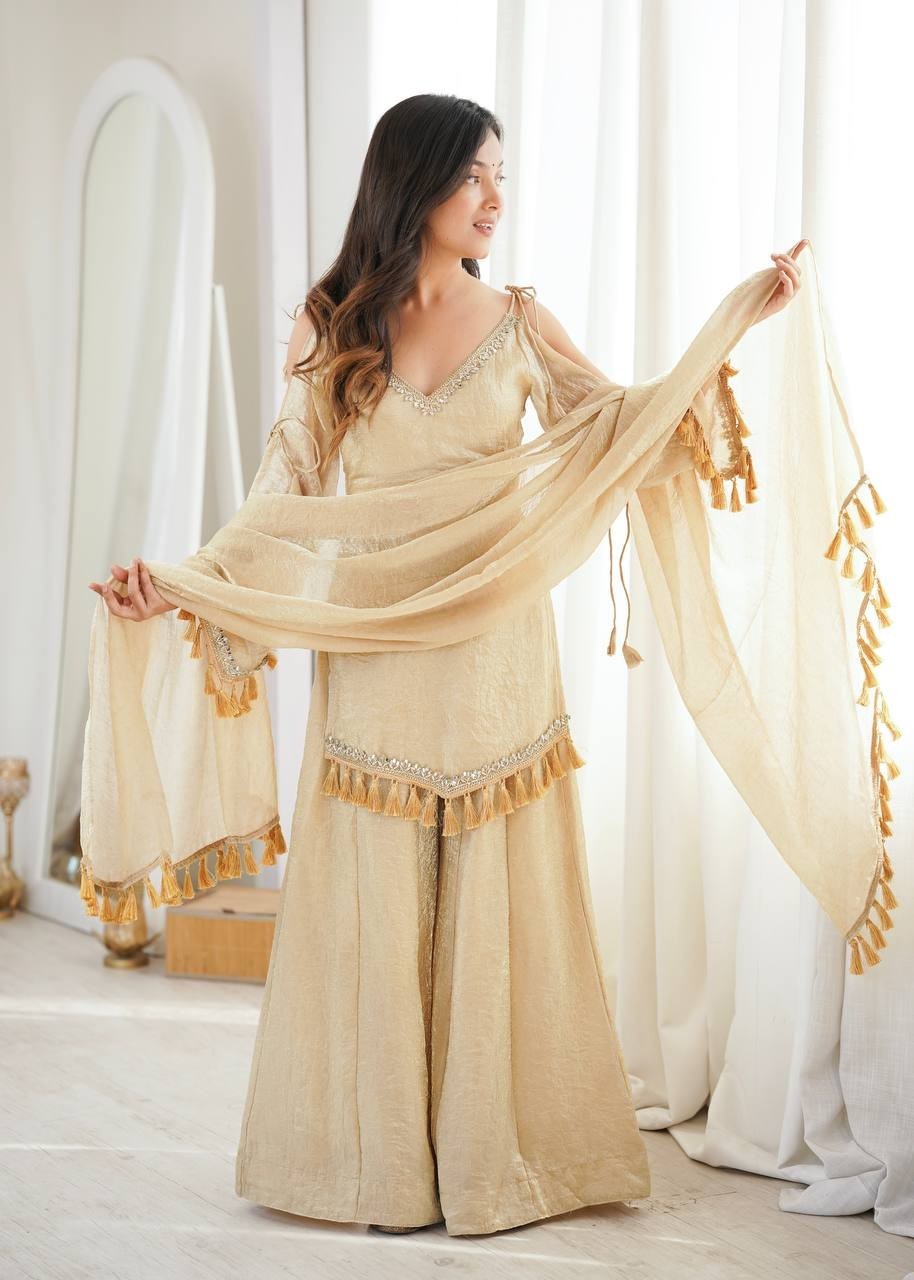 Bollywood Style Doremon Crush Cream Top Palazzo With Dupatta For Reception