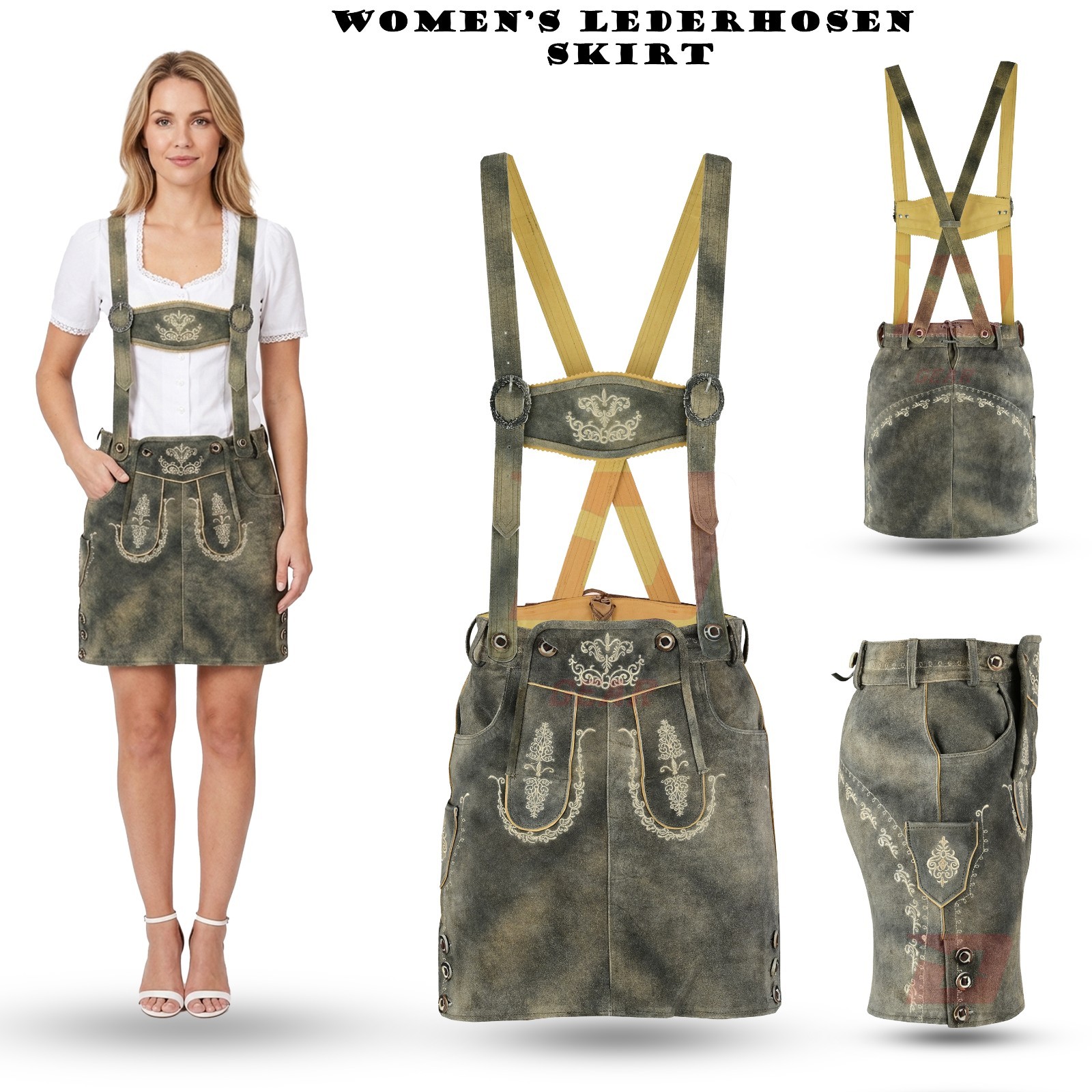 Women’s Bavarian Lederhosen Skirt Genuine Suede Leather Traditional Oktoberfest