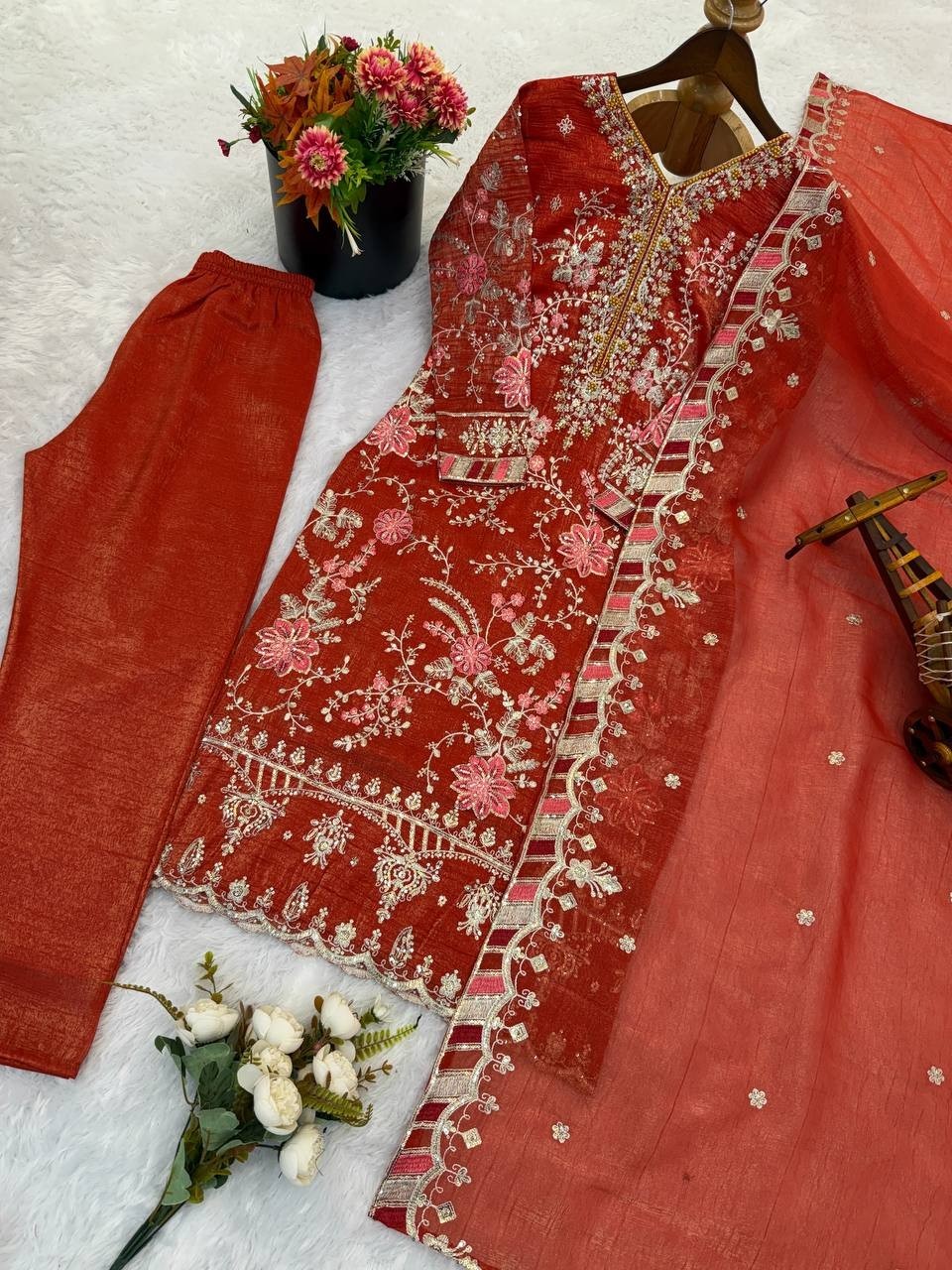 New Launch Orange Crunchy Silk Salwar Kameez With Dupatta For Function Wear