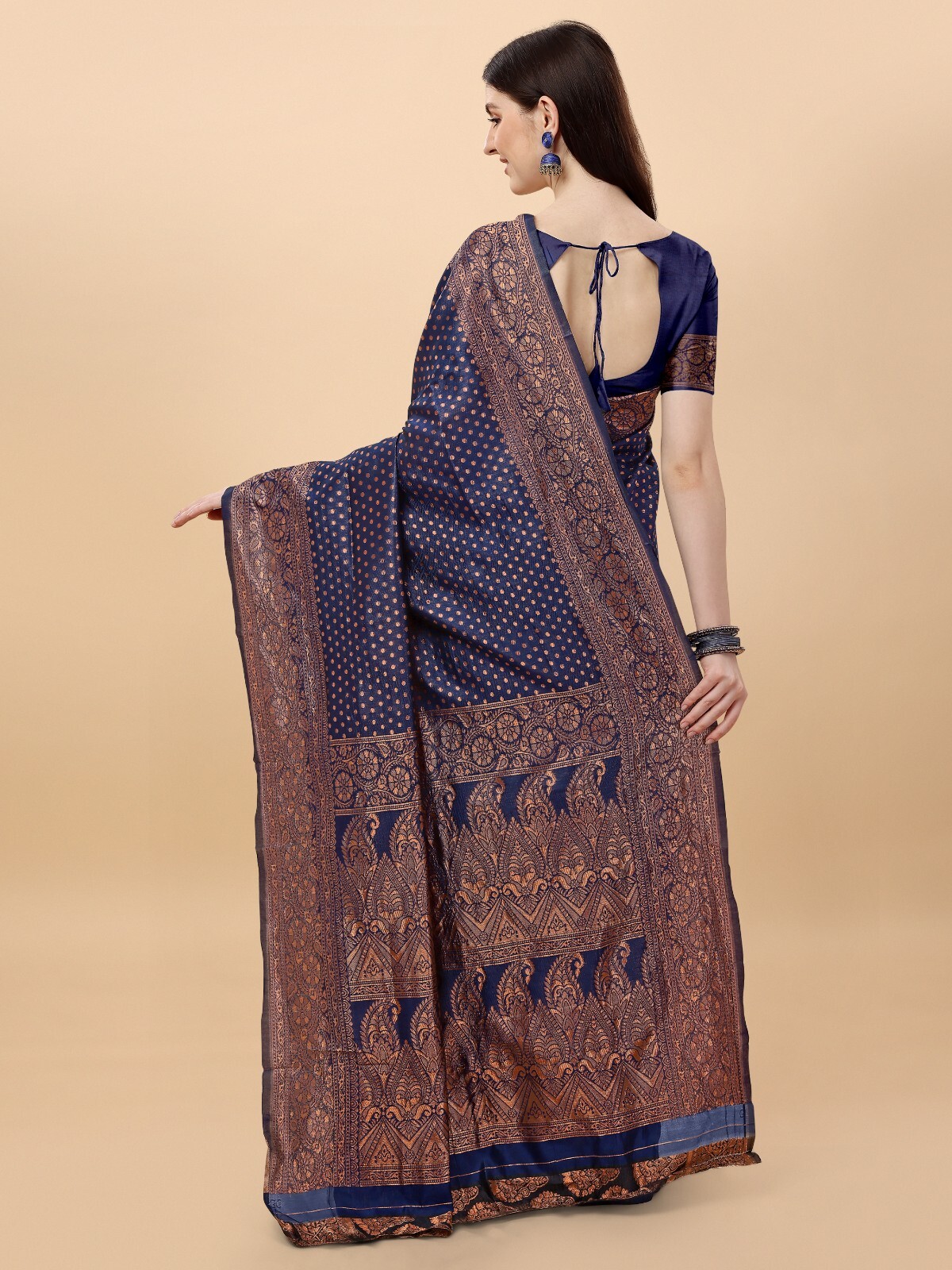 Areca Designer Copper Blue Bindi Silk saree blouses women Saree Cut – 5.5 Meter