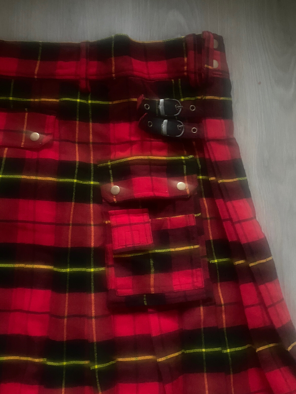 Custom Scottish Kilt Red Black Yellow Plaid 42”-44” Waist Cargo Pockets Details