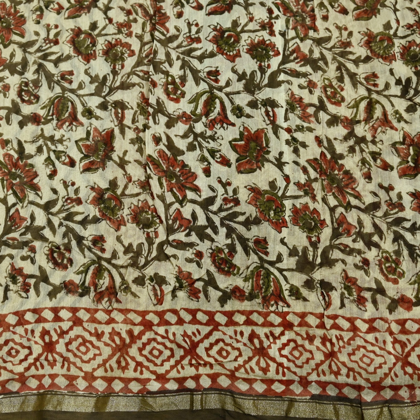 Vintage Sari Beige Block Printed Chanderi Cotton Craft Fabric 5Yd Sewing Zari