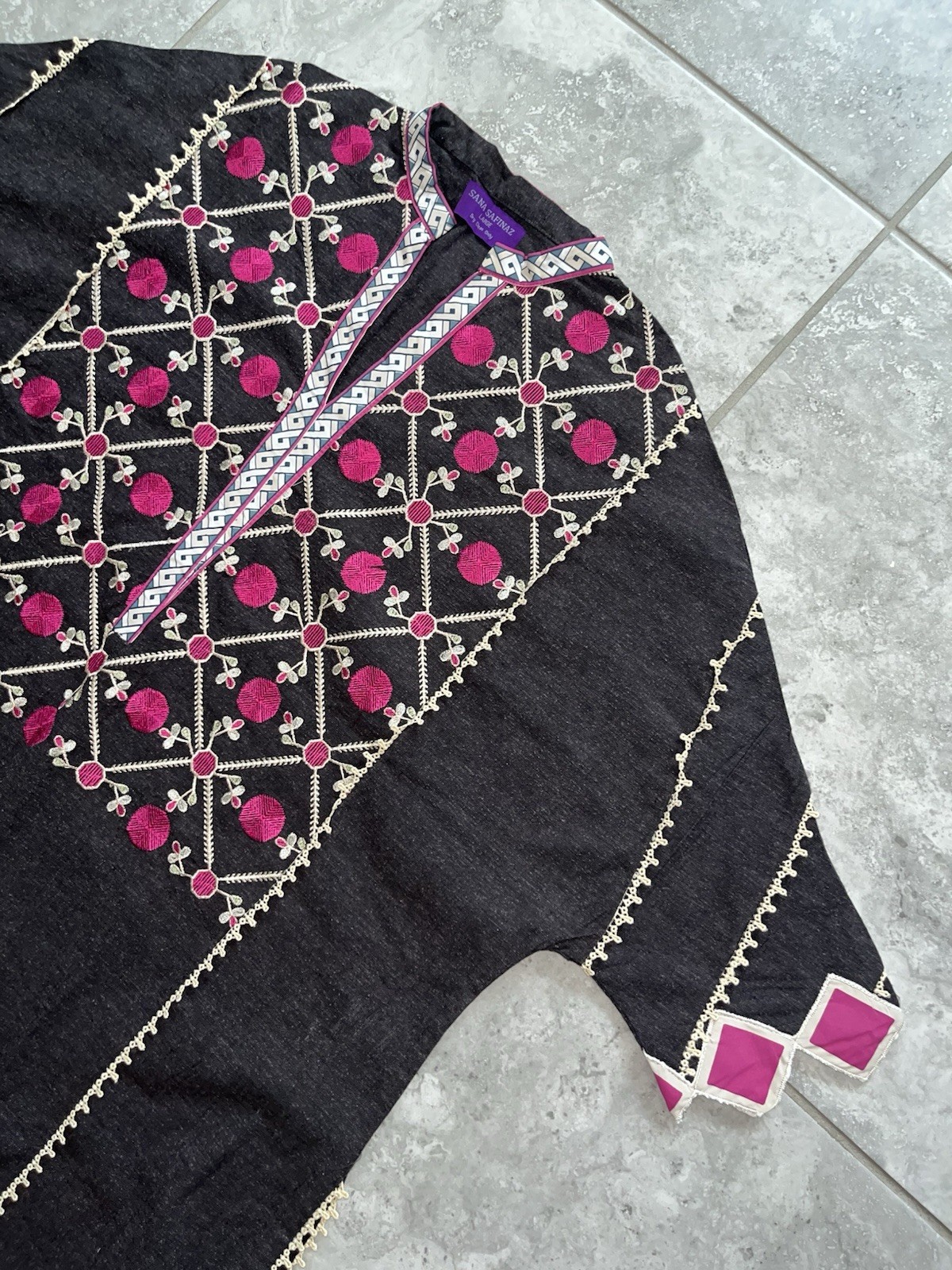 SANA SAFINAZ Geometric Embroidered Cotton Kurti Tunic Shirt Dress NEW Gray L