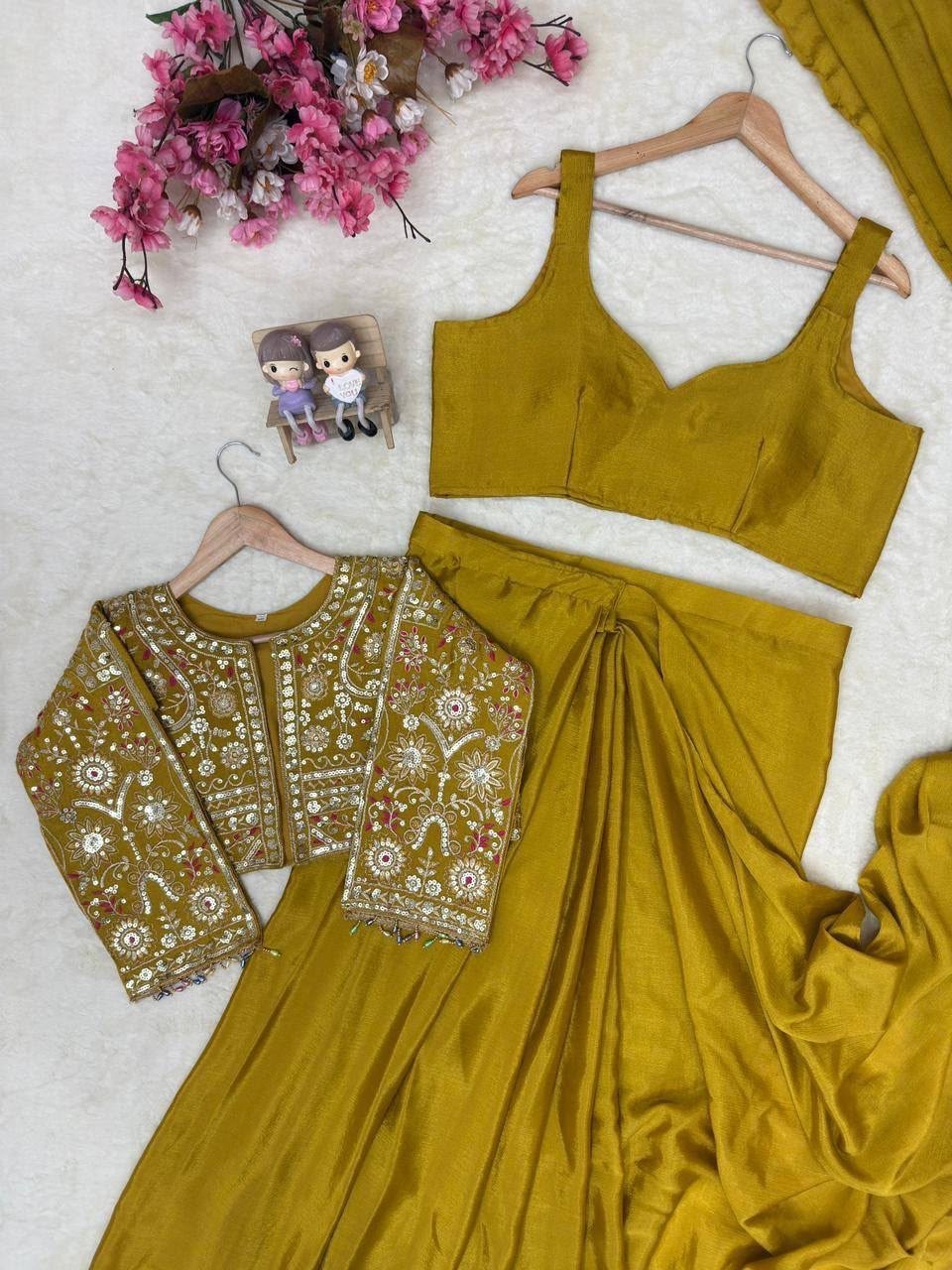 Mustard Yellow Jacket Style Embroidered Palazzo Set Indian Wedding Party Outfit