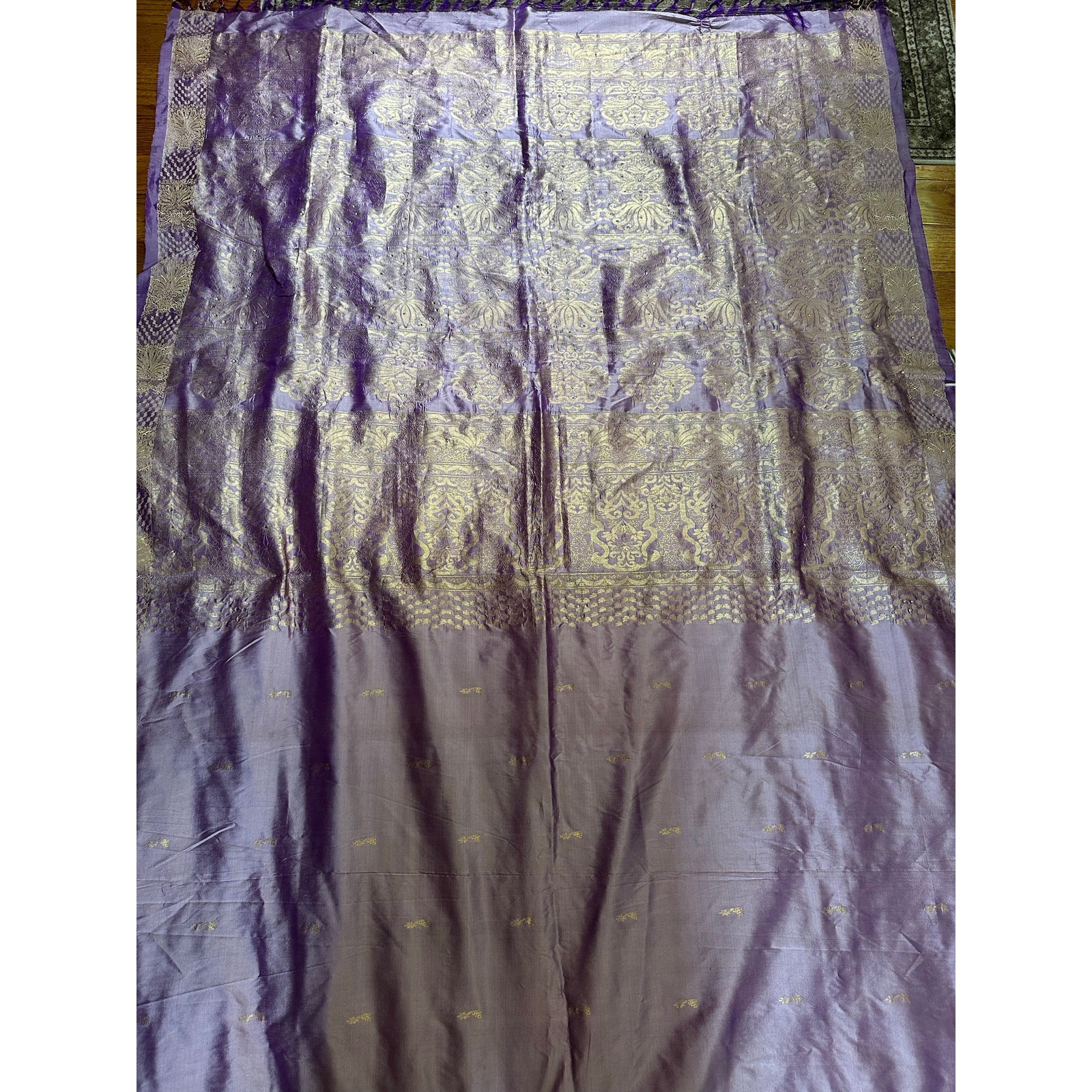 Silk saree lavender gold Paisley brocade 204×46” sari stunning luxurious