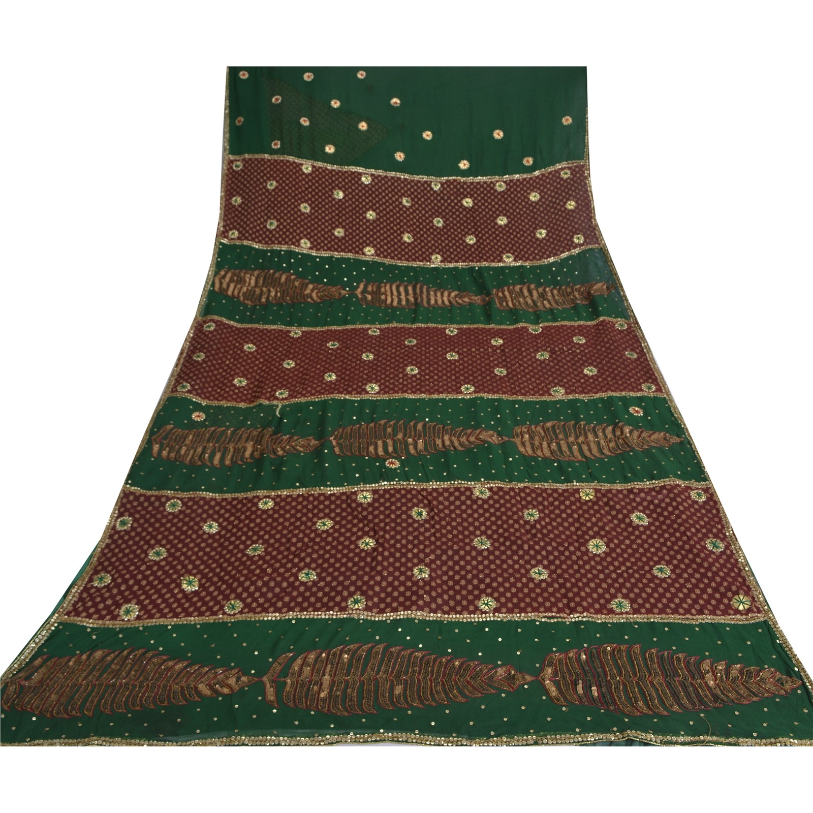Sanskriti Vintage Green/Brown Sarees Pure Georgette Silk Hand Beaded Fabric Sari