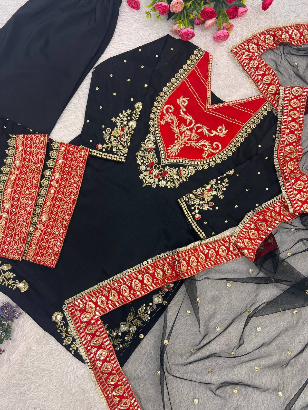 New Collection Black Maska Cotton Kurta Palazzo With Net Dupatta For Women