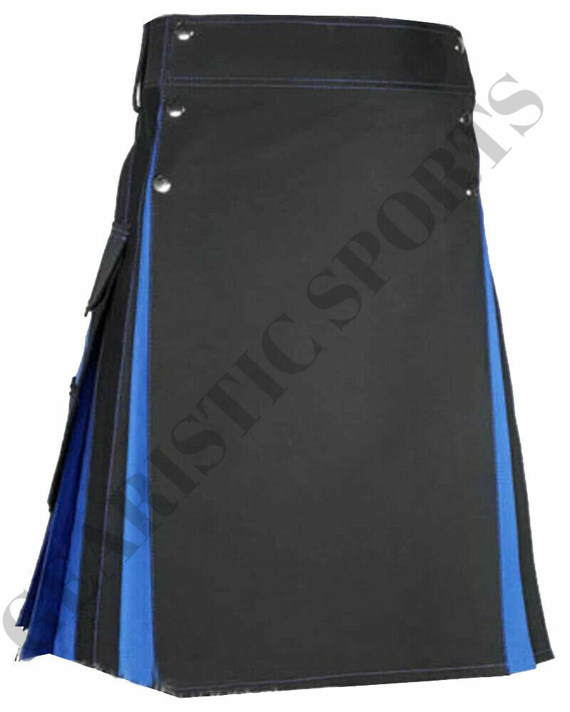 Scottish Black & Blue Hybrid Fashion Kilt Utility Kilts For Men Size 28″ to 50″