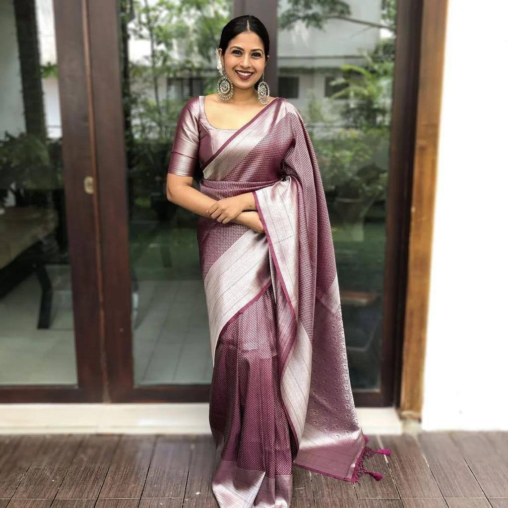 Soft Lichi Silk Jacquard Saree with Zari Woven Border Traditional Festival Wear