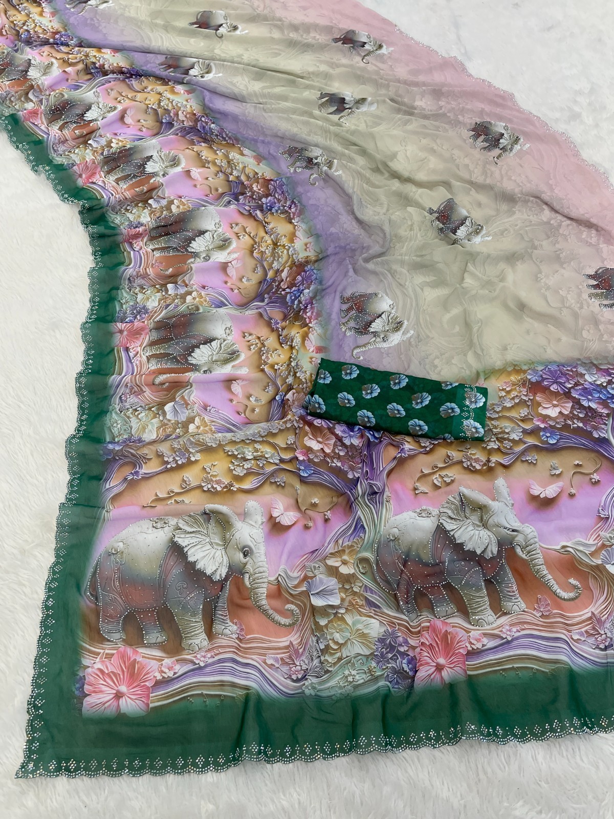 Women’s Green Weightless 3D Digital Elephant Print Swarovski Work Party Wear Sar