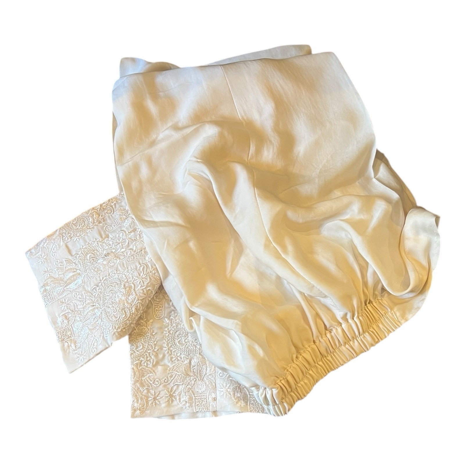 Embroidered Sequin Pakistani Indian Pants CREAM WHITE Ivory Culottes Faux Silk