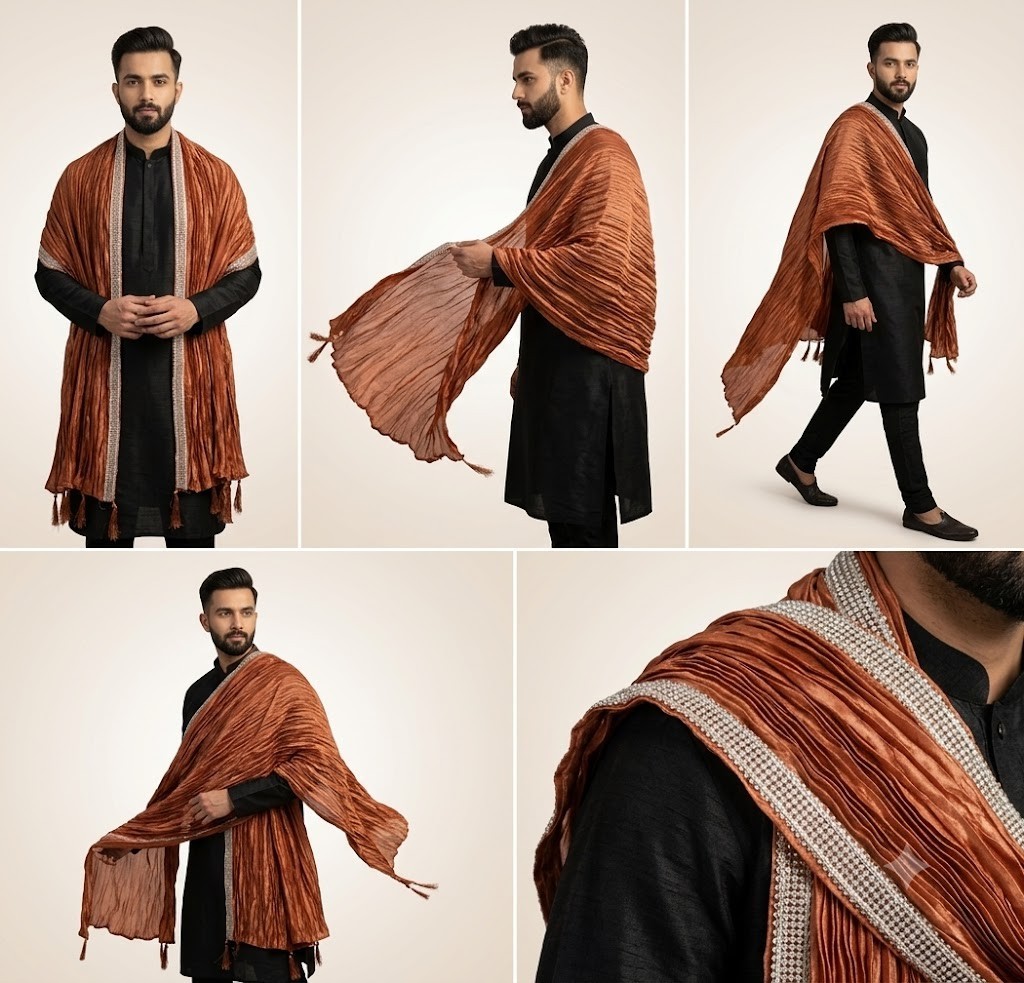 Men Stole Indian New Wedding Groom Chunni Dupatta Sherwani Silk Handmade Brown
